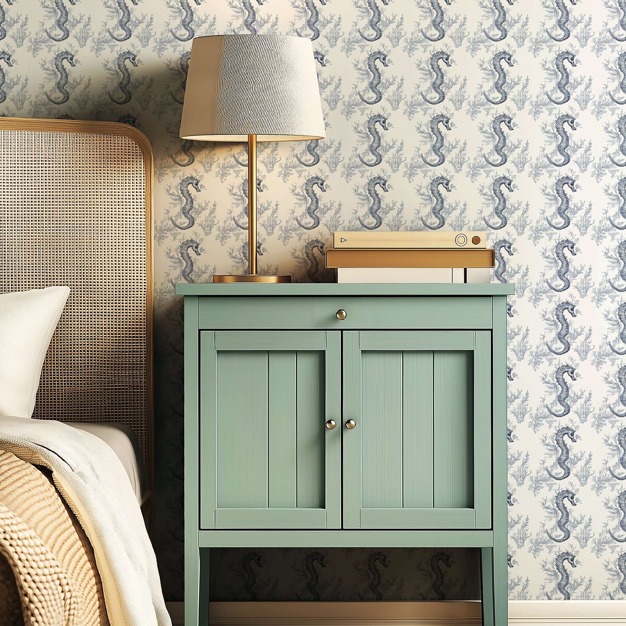 Blue Seahorse Toile Wallpaper with coastal design featuring seahorses and ocean plants, ideal for nautical-themed bedrooms.