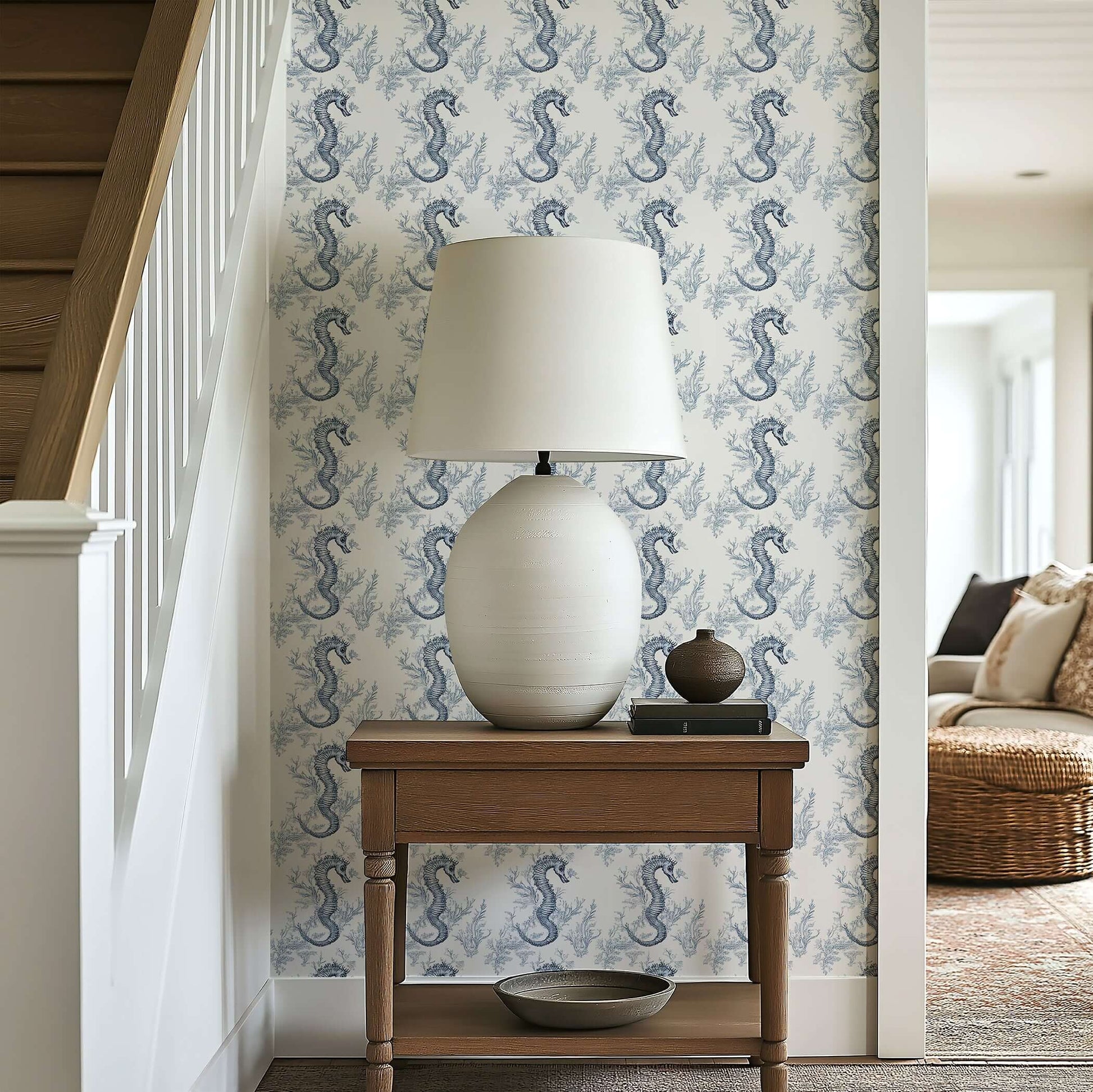Interior with Blue Seahorse Toile Wallpaper featuring elegant marine design, enhancing coastal charm and vintage french toile style.