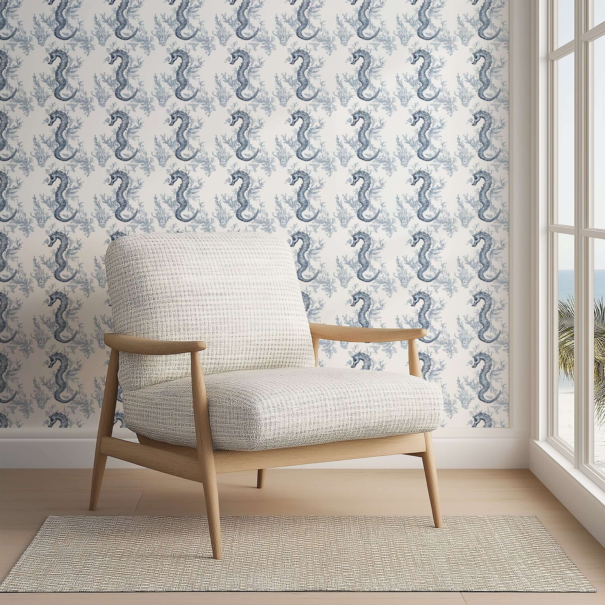 Room with Blue Seahorse Toile wallpaper featuring marine-inspired coastal design with vintage French toile seahorses.