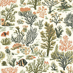 Reef Radiance wallpaper with hand-drawn coral, seaweed, and fish in creamy tones, perfect for creating a coastal ocean ambiance.