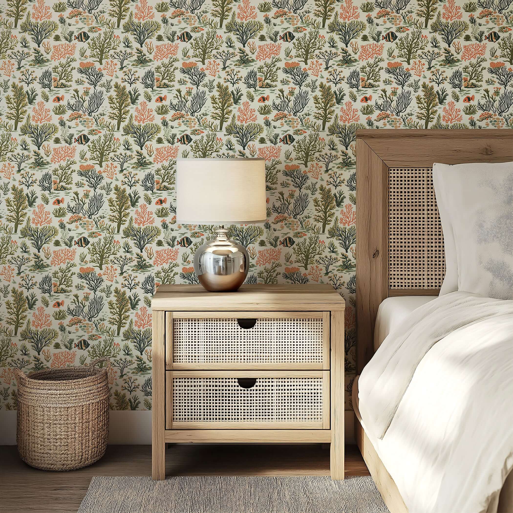 Bedroom with Reef Radiance coastal wallpaper featuring hand-drawn coral, seaweed, and fish in earthy green, coral, and cream tones.