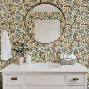 Coastal bathroom with "Reef Radiance" wallpaper featuring coral, seaweed, and fish in earthy tones, creating an ocean-inspired ambiance.