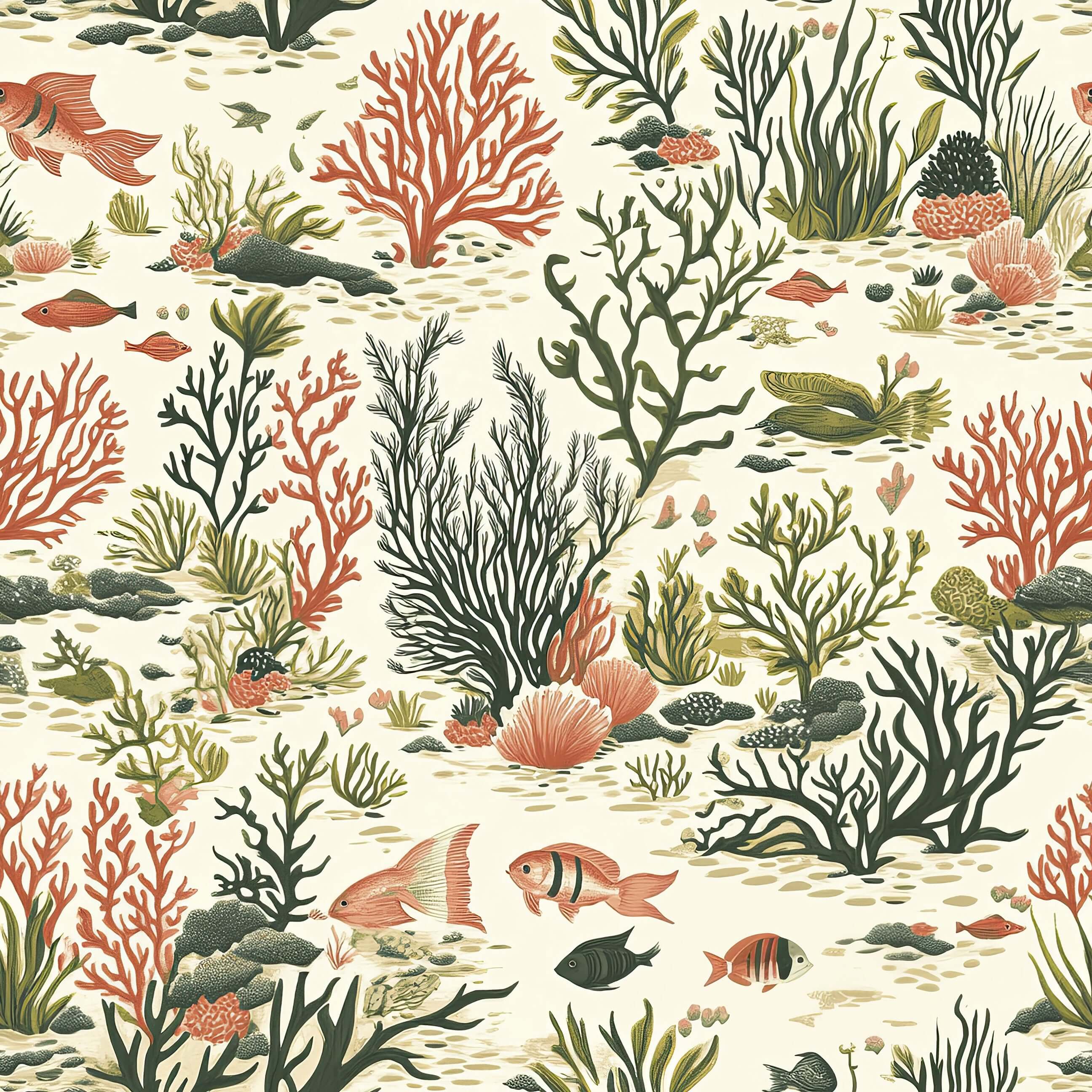 Colorful coral garden wallpaper featuring fish, seaweed, and reef elements in modern design with coastal charm.