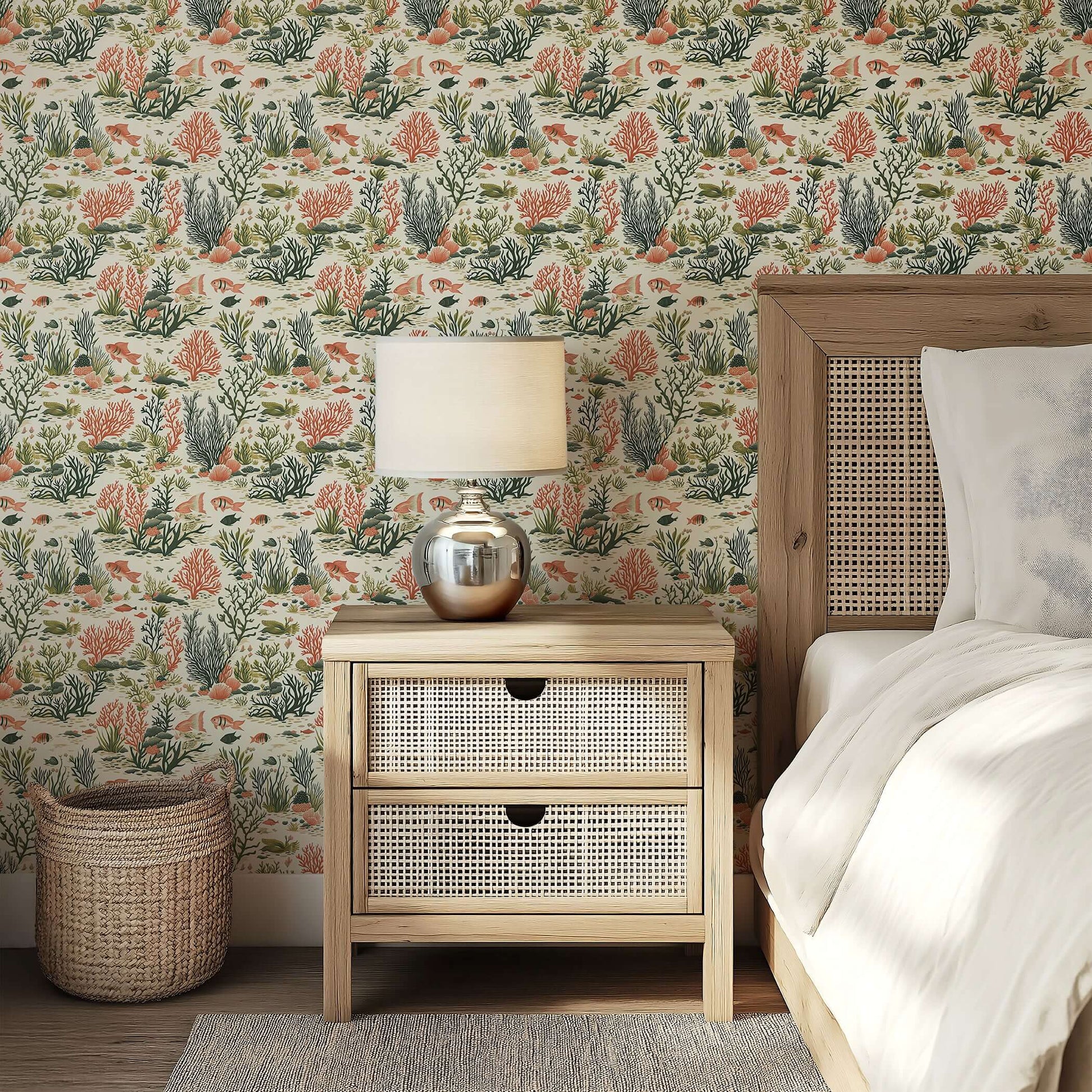 Bedroom with "Colorful Coral Garden" coastal wallpaper featuring fish, coral, and seaweed in earthy tones, adding modern design flair.