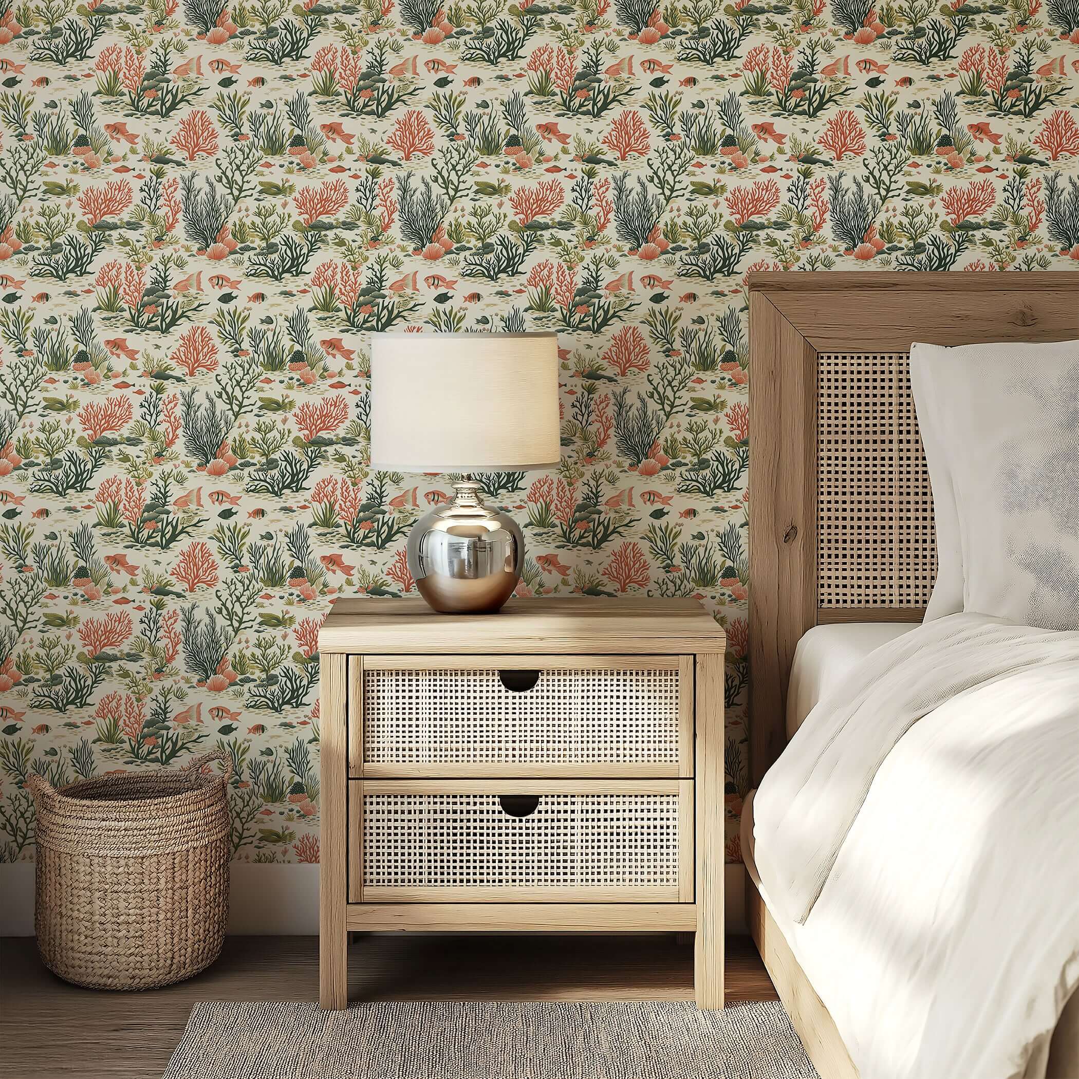 Bedroom with "Colorful Coral Garden" coastal wallpaper featuring fish, coral, and seaweed in earthy tones, adding modern design flair.