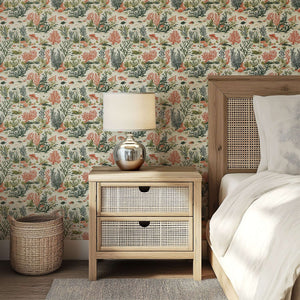 Bedroom with "Colorful Coral Garden" coastal wallpaper featuring fish, coral, and seaweed in earthy tones, adding modern design flair.