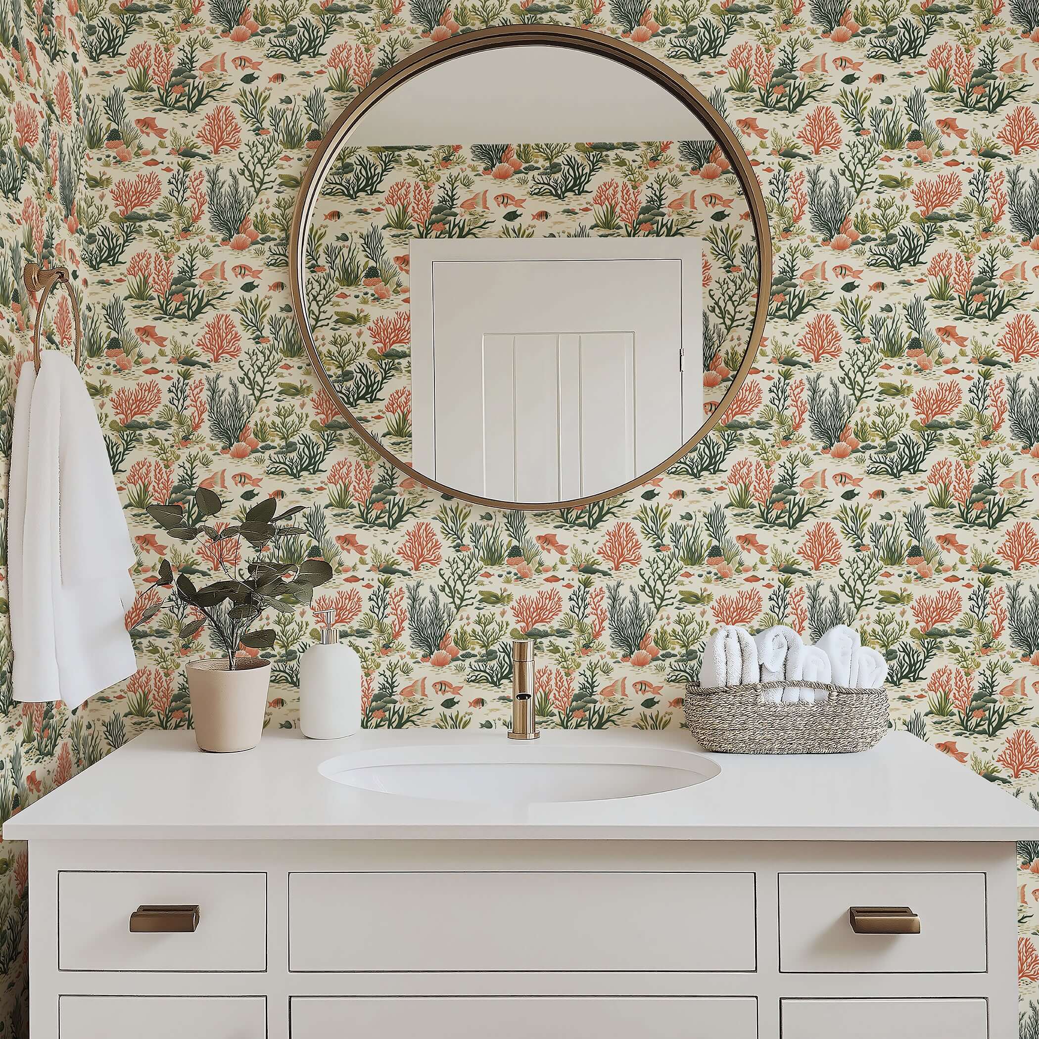 Bathroom with Colorful Coral Garden wallpaper displaying coral, seaweed, and fish design; coastal and modern interior decor.