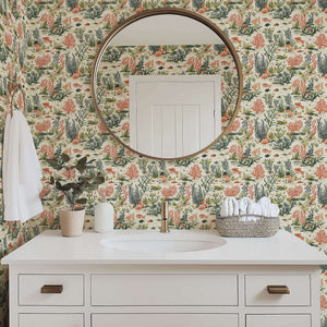 Bathroom with Colorful Coral Garden wallpaper displaying coral, seaweed, and fish design; coastal and modern interior decor.