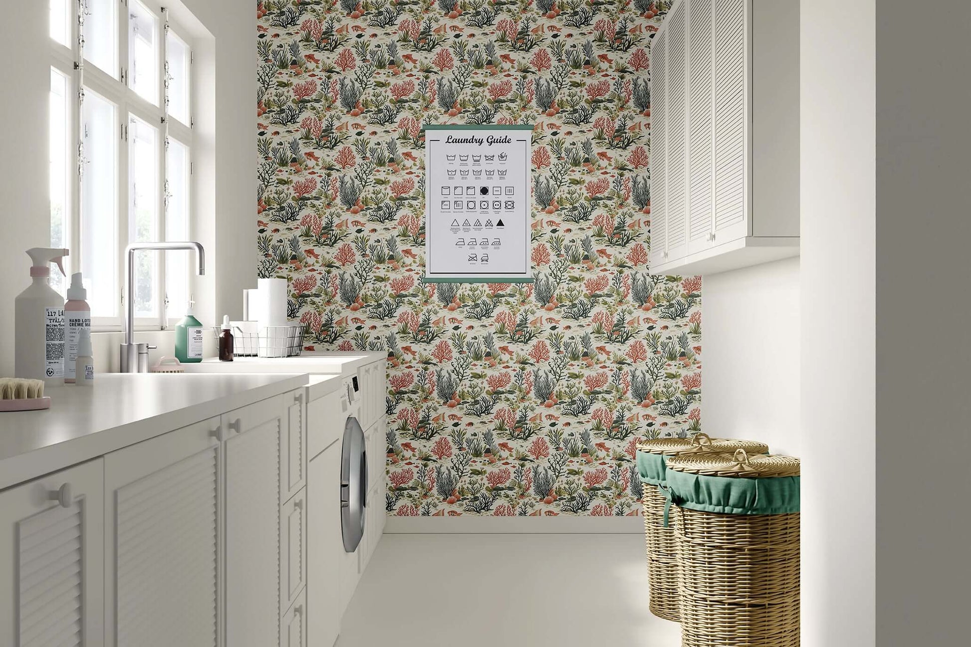 Laundry room with Colorful Coral Garden wallpaper featuring fish, coral, and seaweed; modern coastal design enhancing the decor.