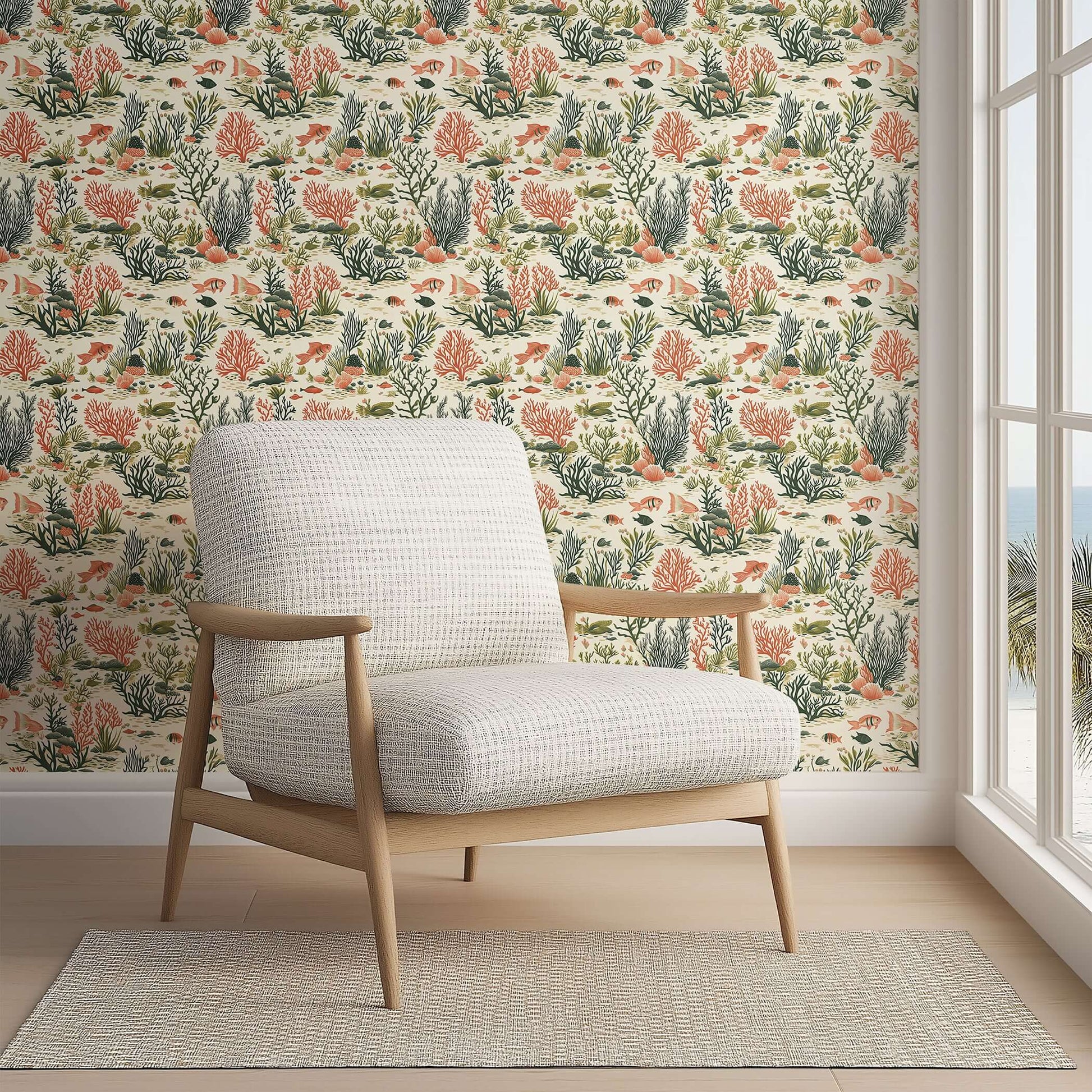 Modern coastal wallpaper featuring colorful coral, seaweed, and fish. Adds natural charm and movement to home decor.