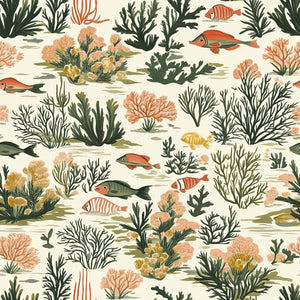 Tropical Tide Wallpaper featuring hand-drawn coral, seaweed, and fish, perfect for modern coastal-themed decor, reefs, coastal design.