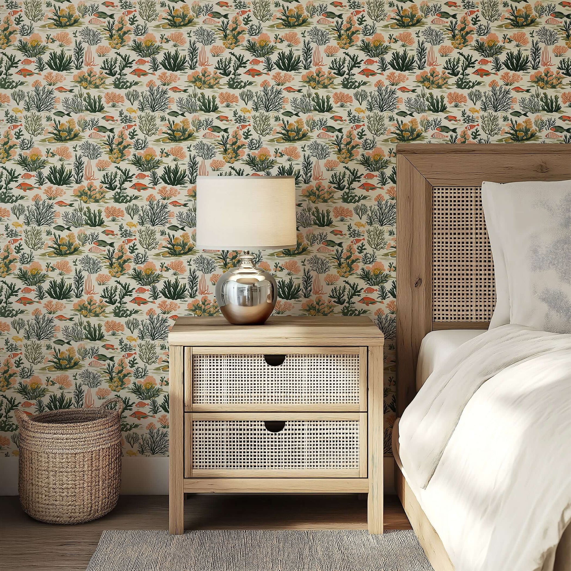 Coastal bedroom with Tropical Tide wallpaper featuring fish, coral, and seaweed, creating a modern ocean-themed decor.