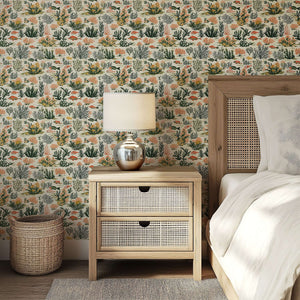 Coastal bedroom with Tropical Tide wallpaper featuring fish, coral, and seaweed, creating a modern ocean-themed decor.