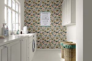 Coastal wallpaper with tropical fish, coral, and seaweed in a modern design for ocean-themed spaces, featured in a laundry room.