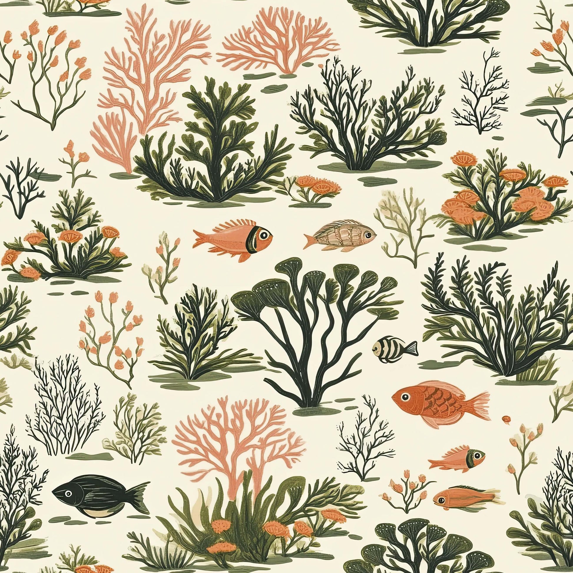 Tropical Tide II coastal wallpaper featuring coral, fish, and seaweed on a cream background, ideal for modern beach-themed decor.