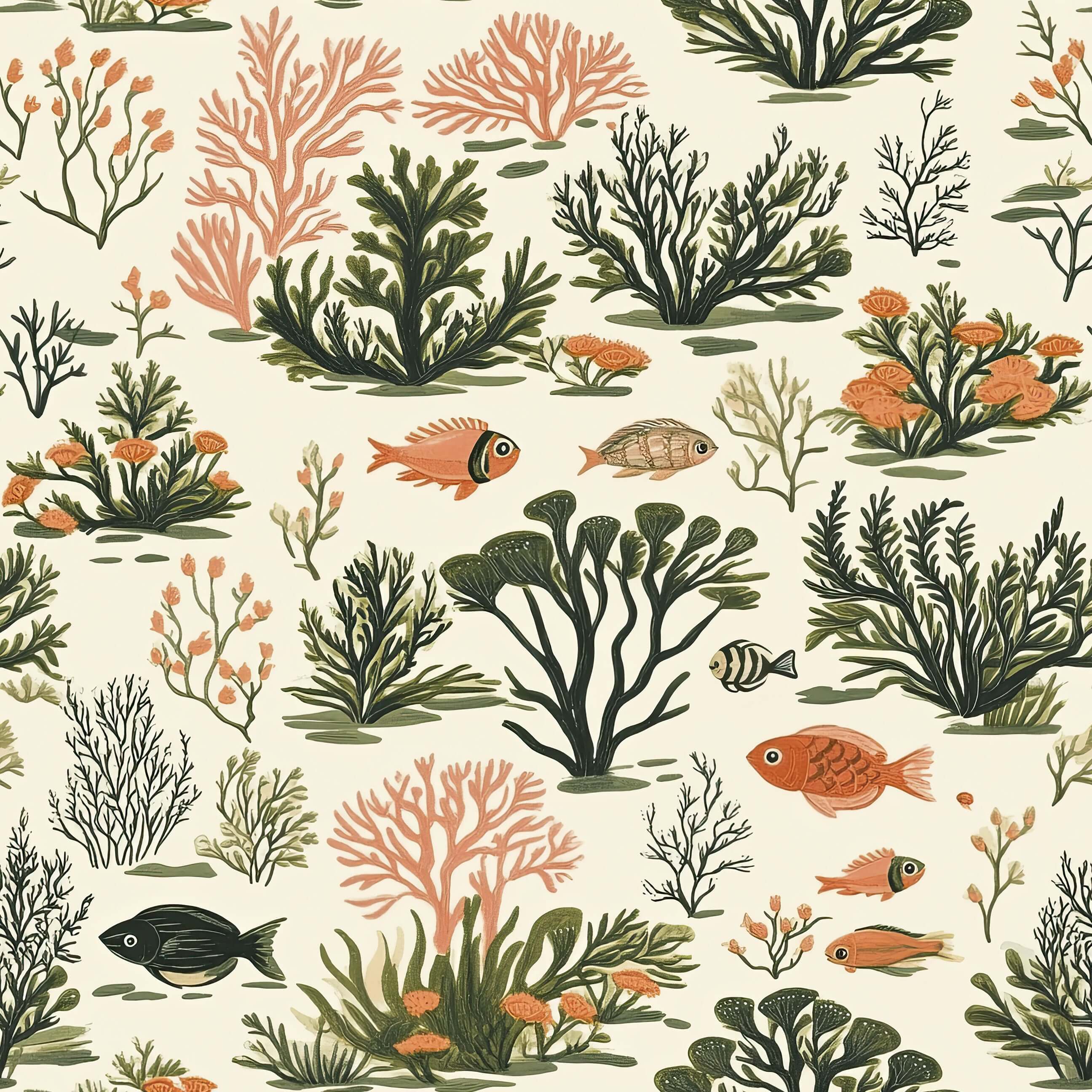 Tropical Tide II coastal wallpaper featuring coral, fish, and seaweed on a cream background, ideal for modern beach-themed decor.