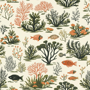 Tropical Tide II coastal wallpaper featuring coral, fish, and seaweed on a cream background, ideal for modern beach-themed decor.