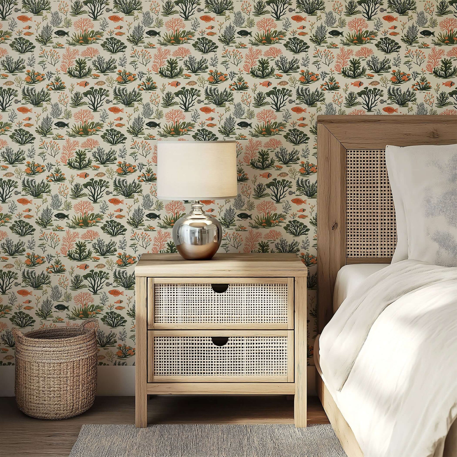 Coastal wallpaper with coral, seaweed, and fish pattern in a bedroom setting; modern design by Wall Artifacts.