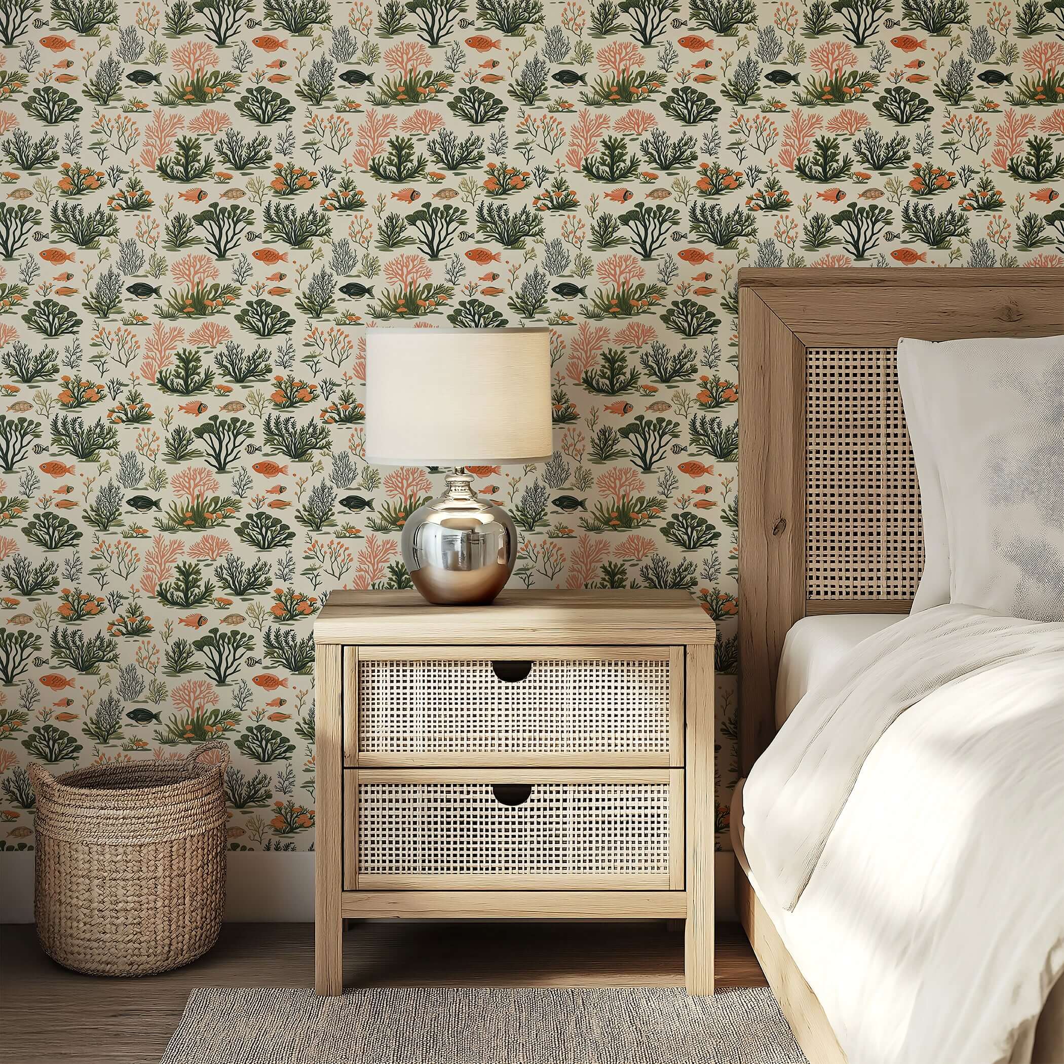 Coastal wallpaper with coral, seaweed, and fish pattern in a bedroom setting; modern design by Wall Artifacts.