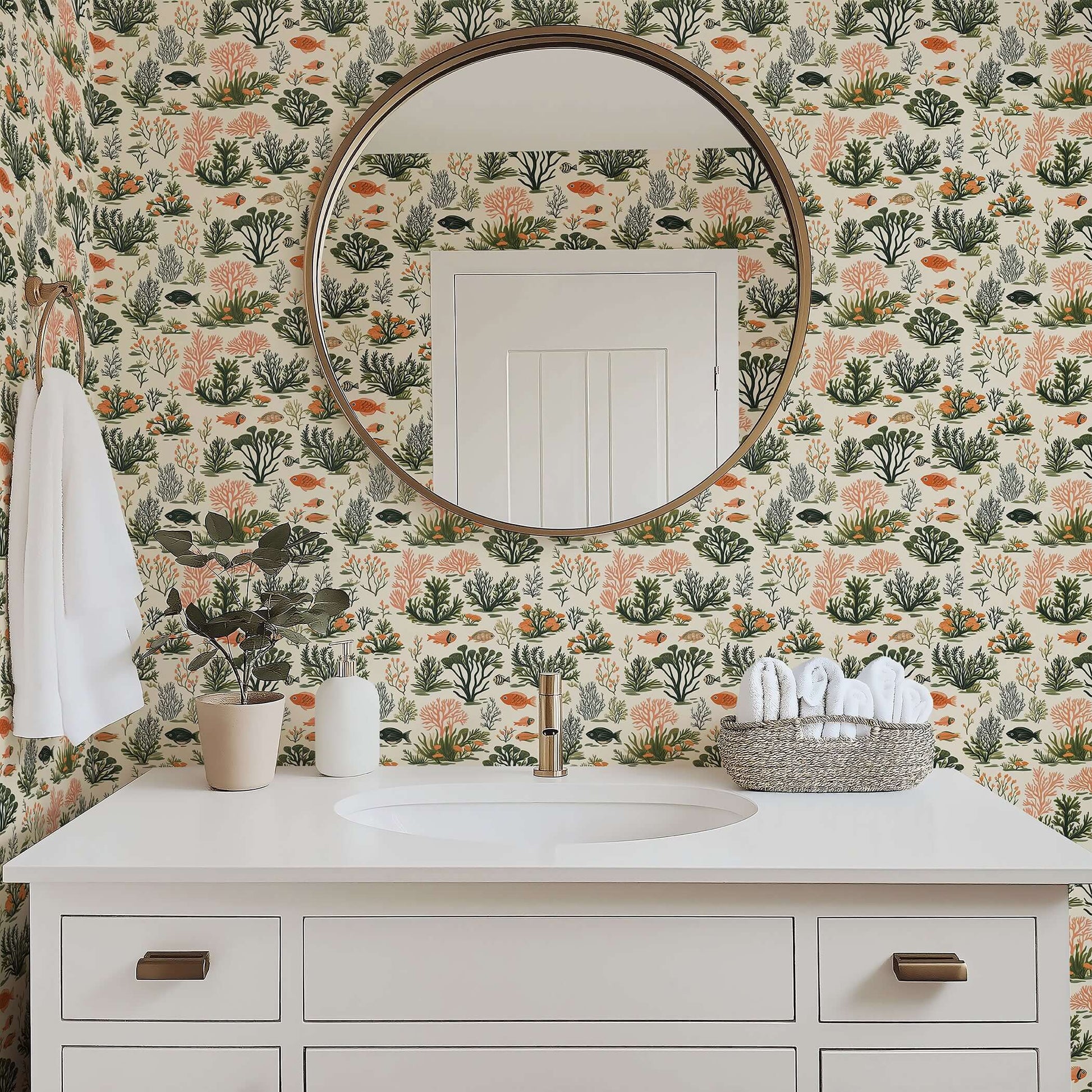 Bathroom with "Tropical Tide II" coastal wallpaper featuring coral, seaweed, and fish, adding modern design elements to the decor.
