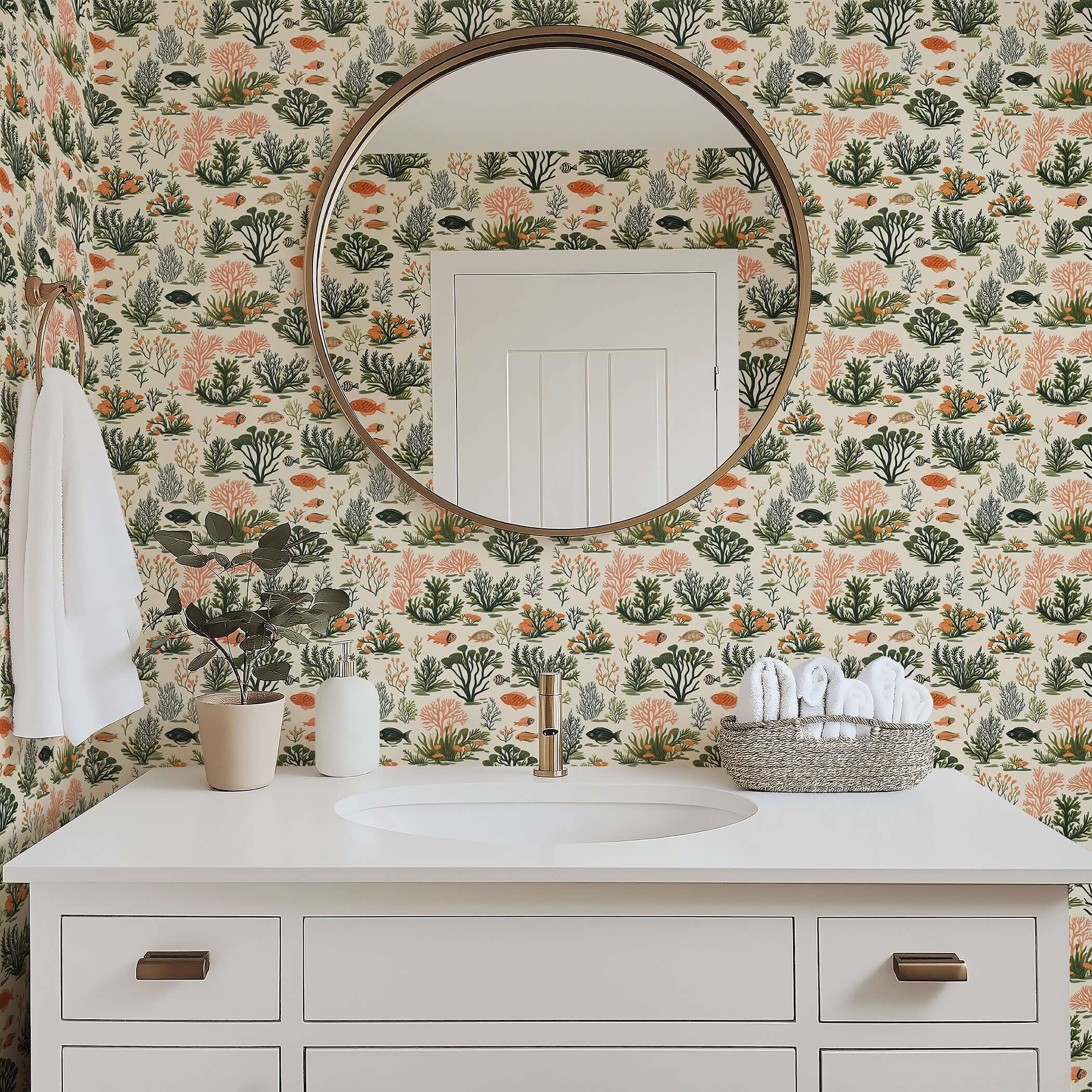 Bathroom with "Tropical Tide II" coastal wallpaper featuring coral, seaweed, and fish, adding modern design elements to the decor.