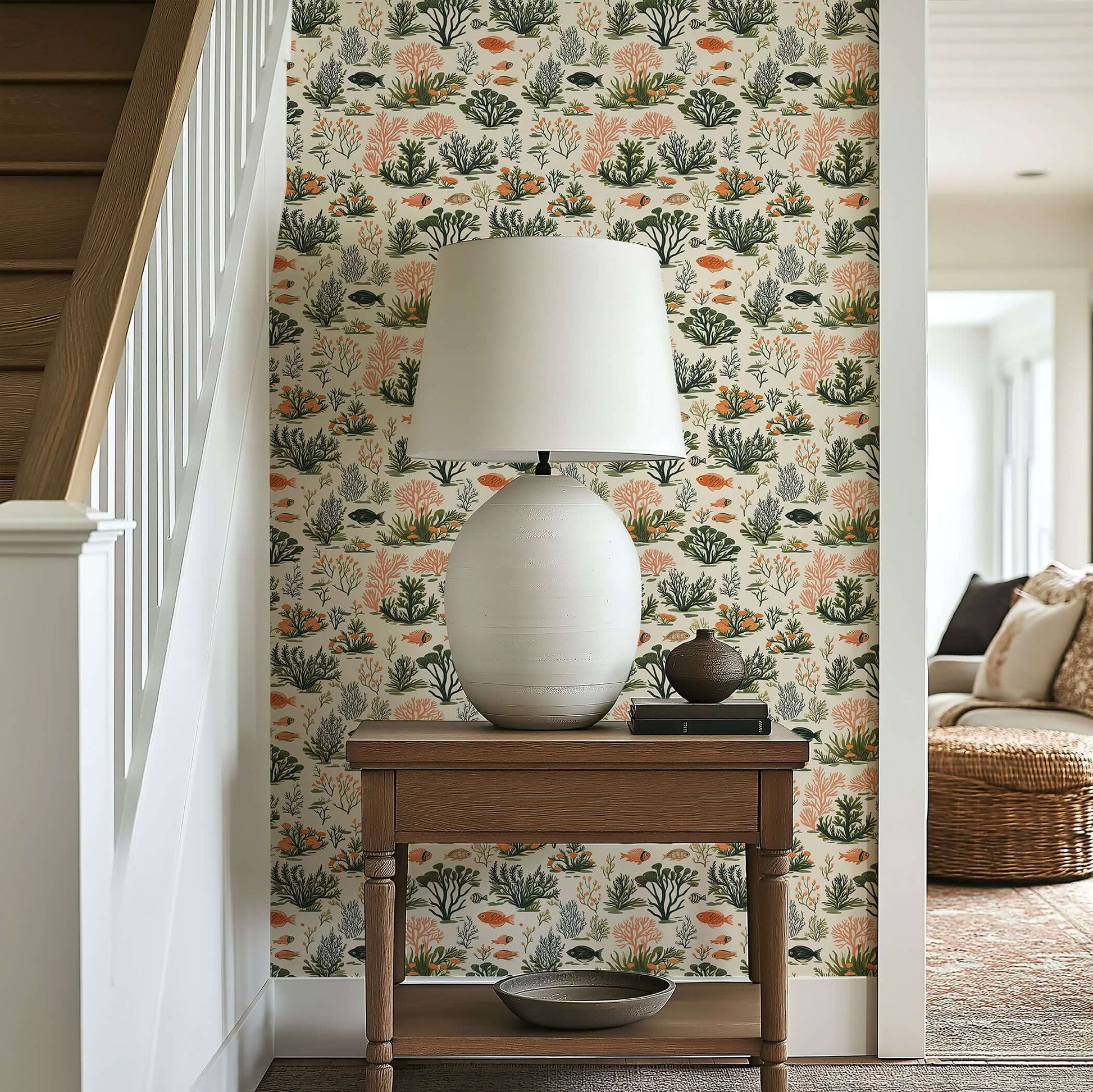 Tropical Tide II wallpaper with coral, fish, seaweed; coastal design in hallway with neutral decor.