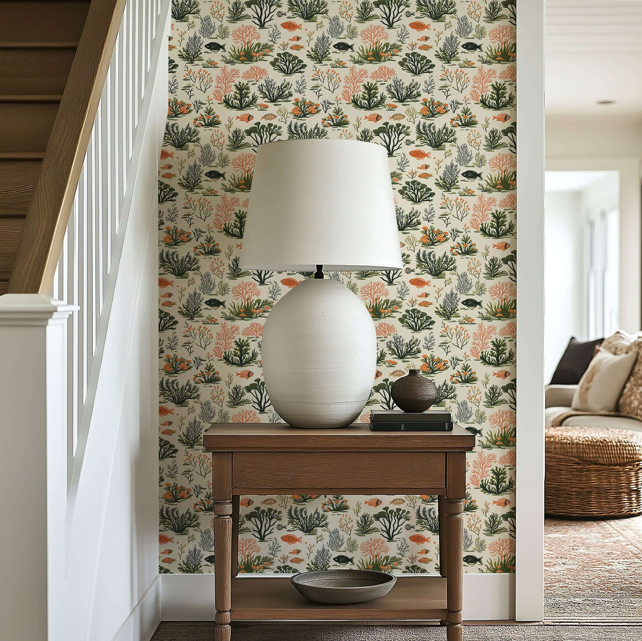 Tropical Tide II wallpaper with coral, fish, seaweed; coastal design in hallway with neutral decor.