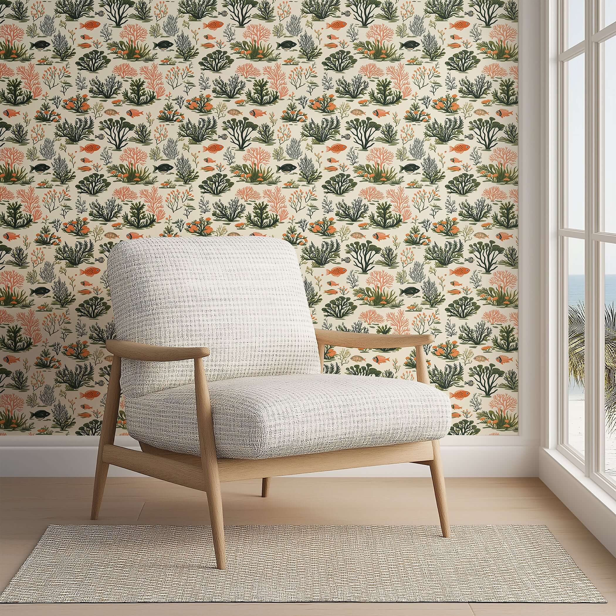Coastal wallpaper featuring vibrant coral, fish, and seaweed in a reef design, creating a serene modern coastal aesthetic.