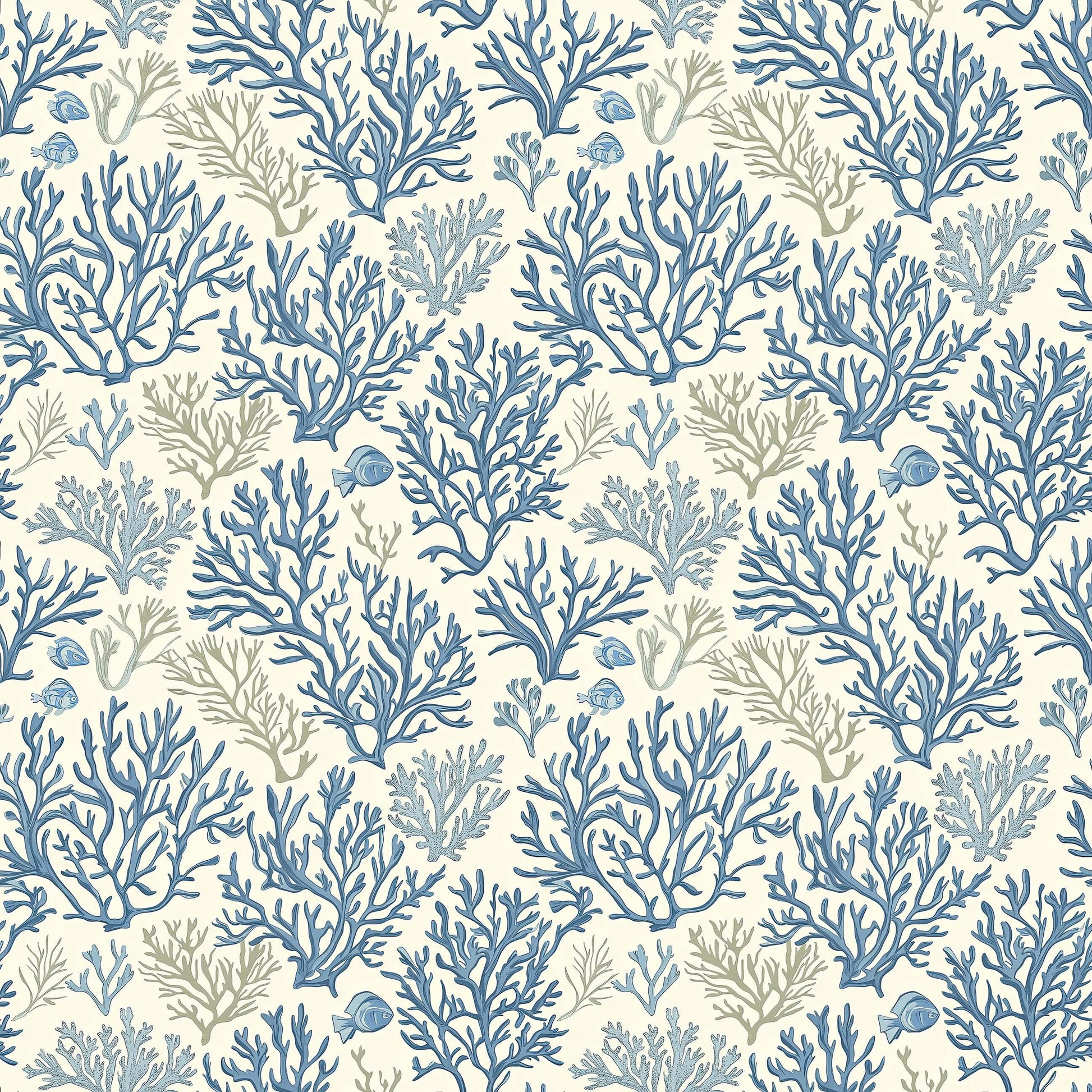 Blue Coral Reef Wallpaper with elegant hand-drawn coral branches and reef fish in ocean blue and taupe tones, ideal for coastal decor.
