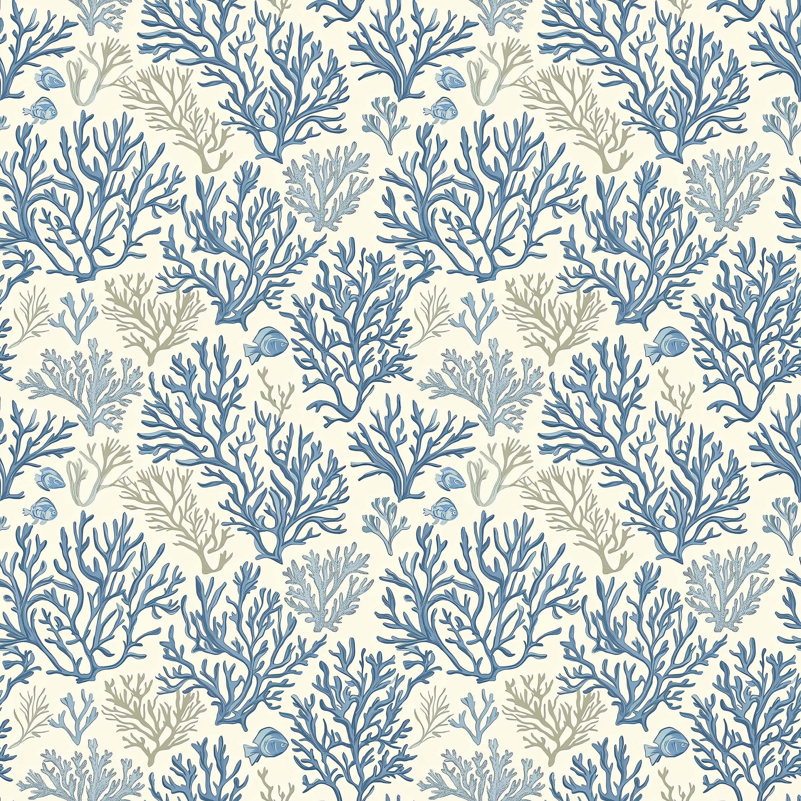 Blue Coral Reef Wallpaper with elegant hand-drawn coral branches and reef fish in ocean blue and taupe tones, ideal for coastal decor.
