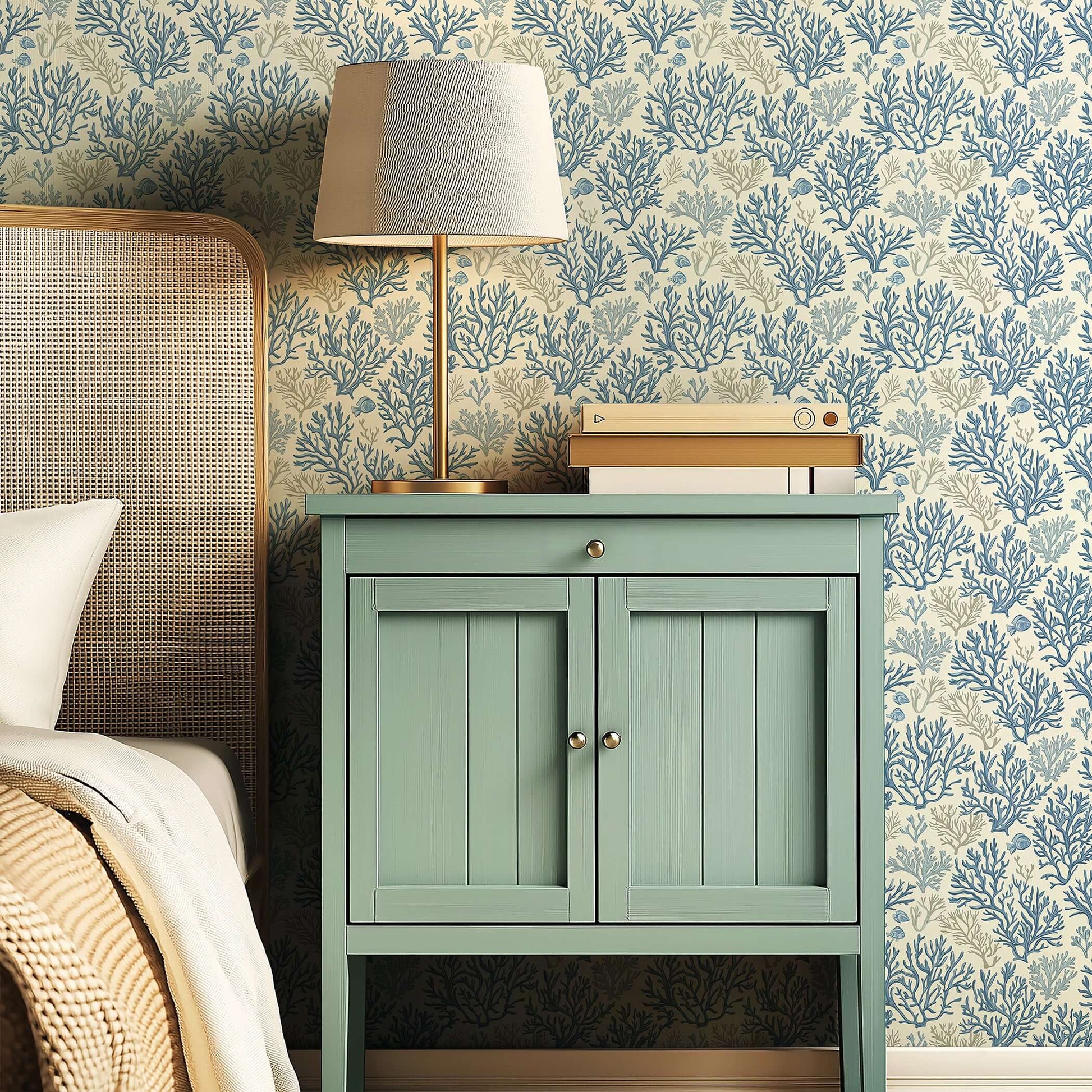 Blue Coral Reef wallpaper in bedroom, featuring hand-drawn coral branches in ocean blue, perfect for coastal or beach-themed decor.