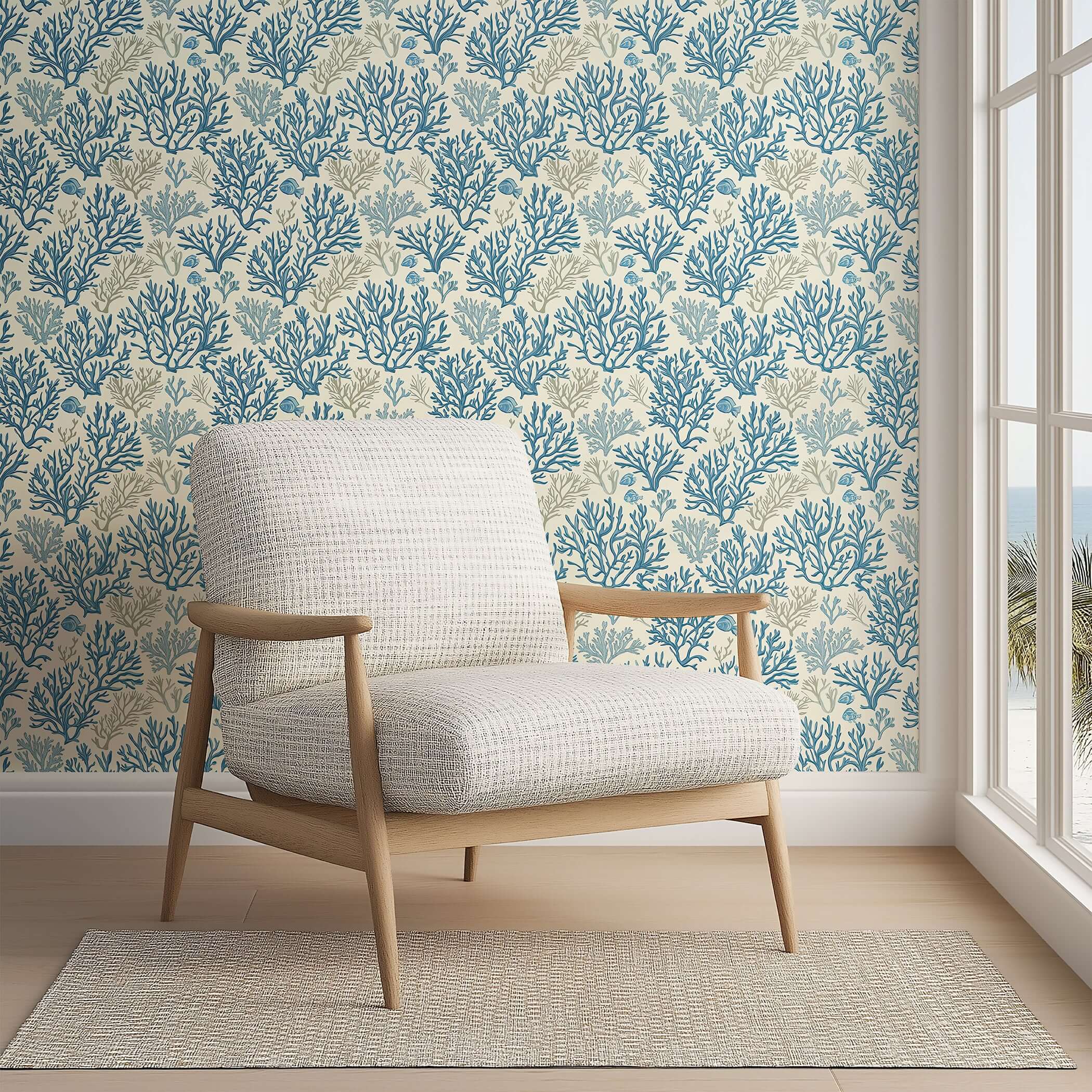 Blue Coral Reef coastal wallpaper featuring hand-drawn coral branches in ocean blue and taupe tones, perfect for beach-themed decor.