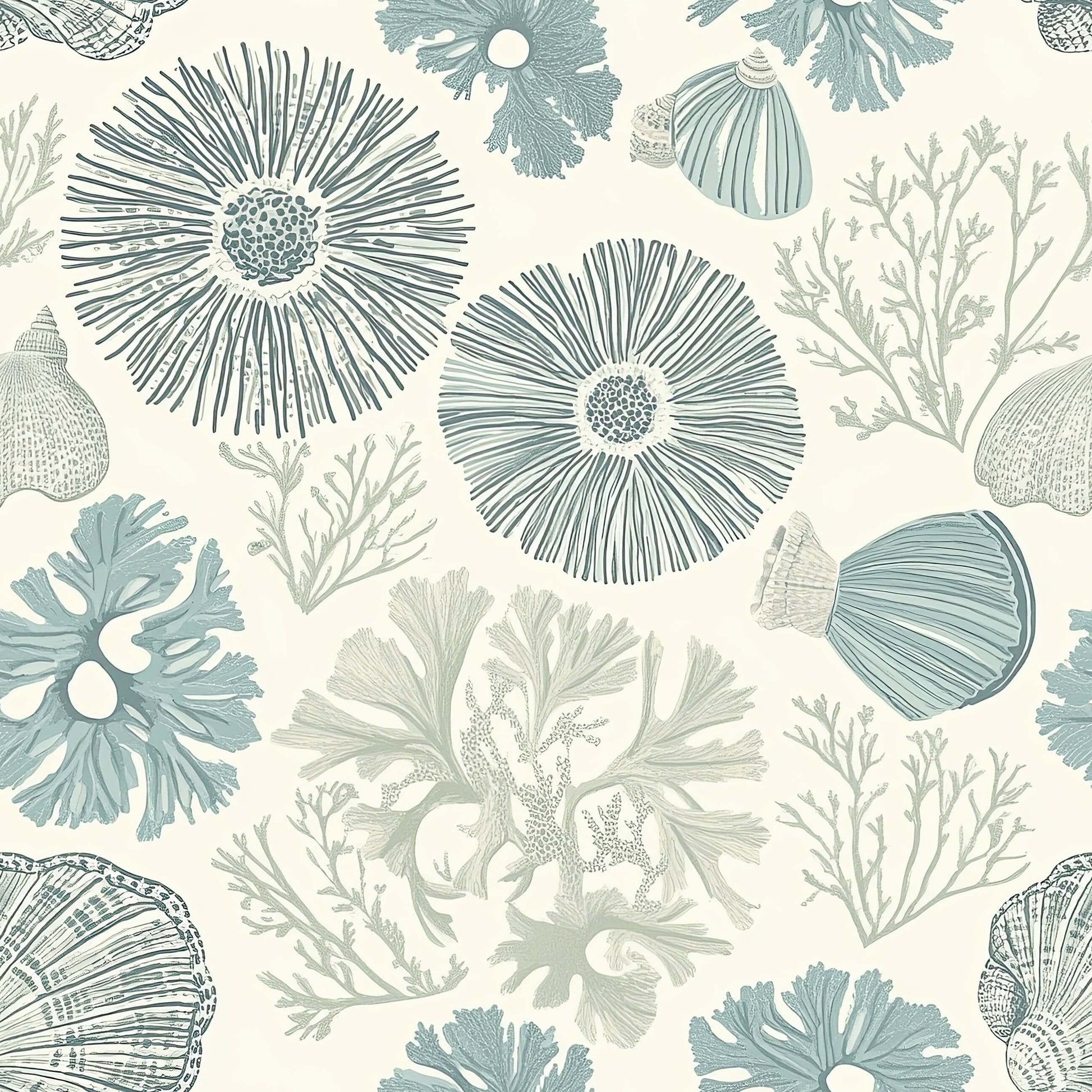 Coastal wallpaper featuring hand-rendered seashells, coral branches, and sea anemones in soft blue and seafoam tones for beach decor.