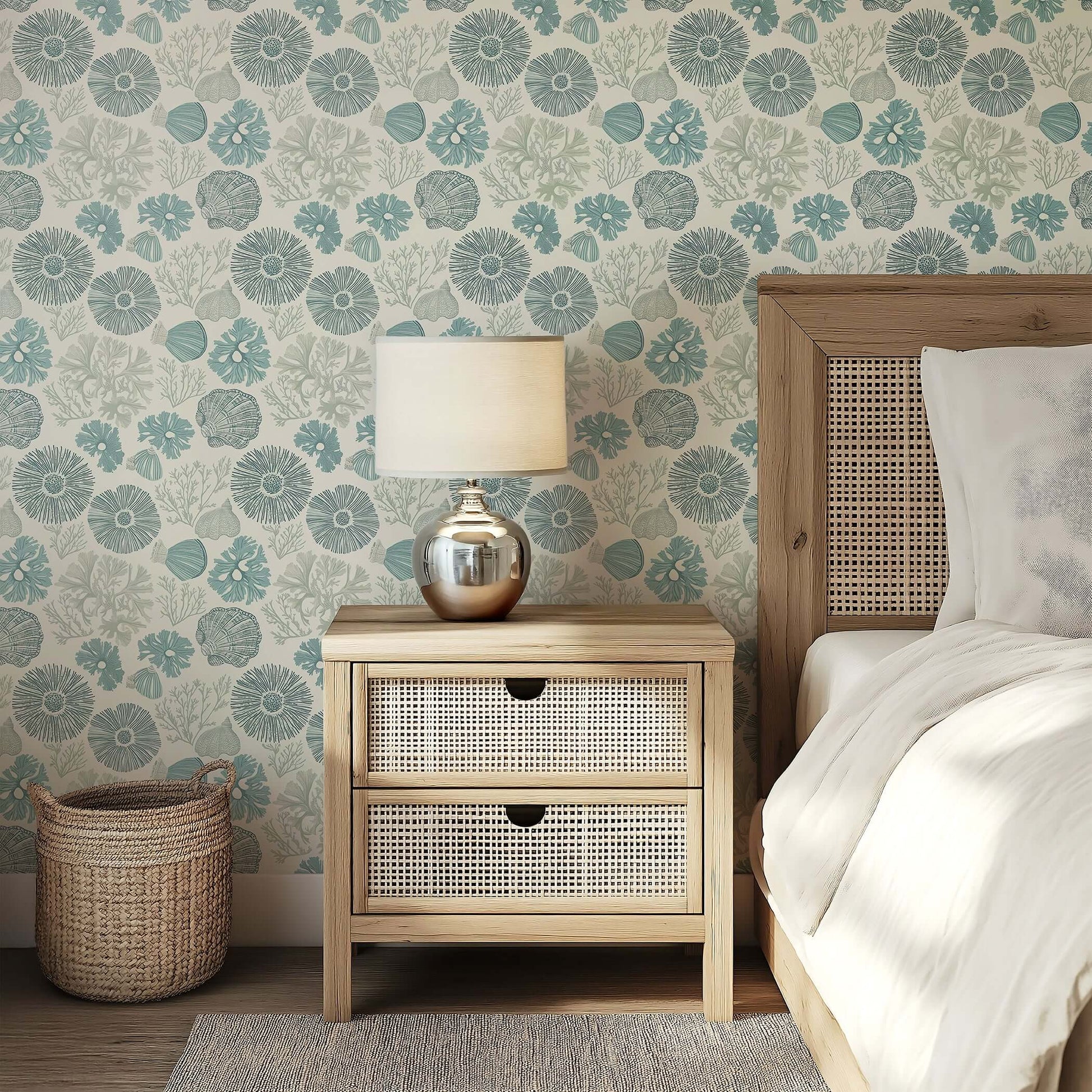 Coastal-themed bedroom with "Shoreline Charm" wallpaper, featuring seashells, coral, and beach motifs in soft blue and neutral tones.