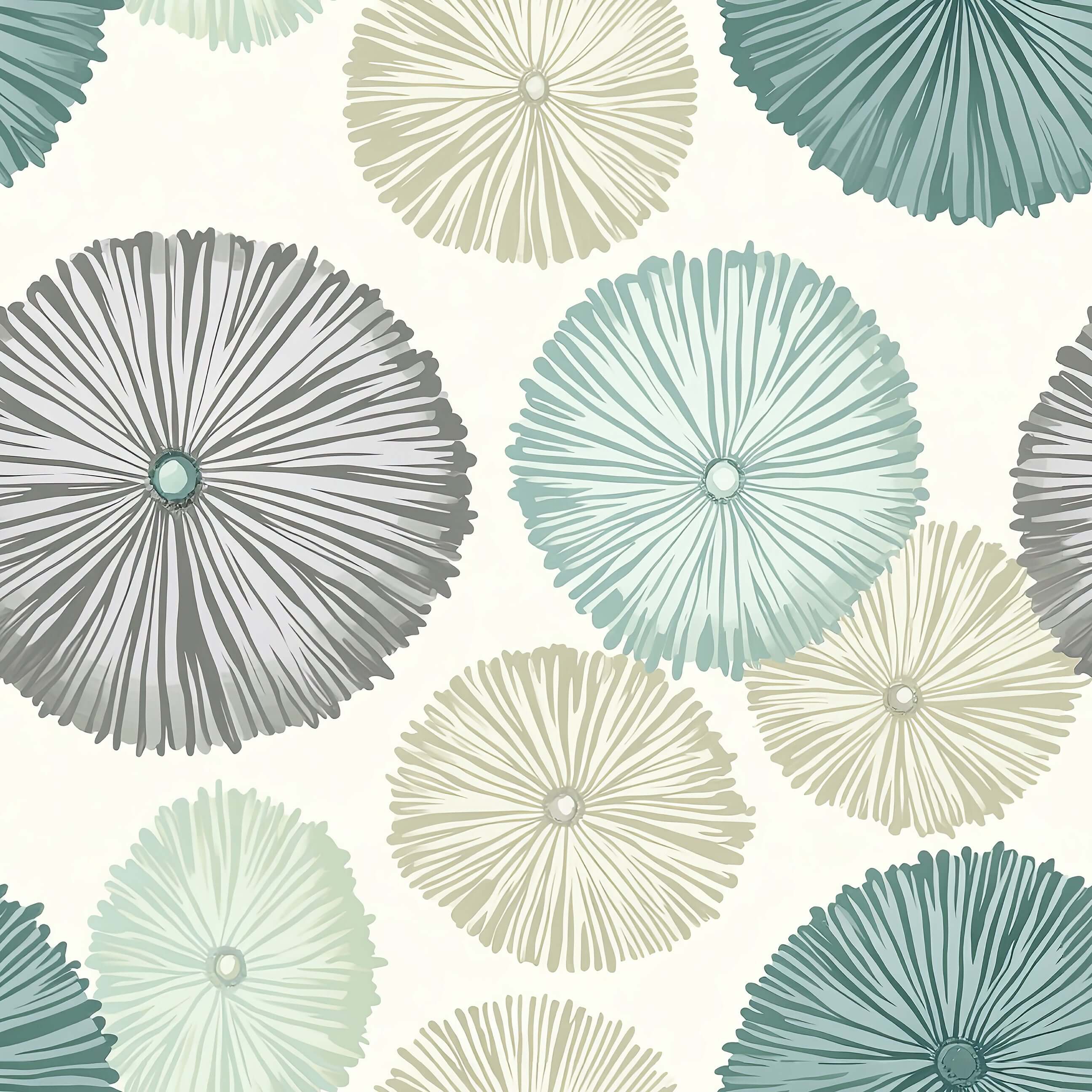 Modern Sea Urchins wallpaper featuring pastel teal, sage, and gray sea urchin design, perfect for a coastal, beach-inspired space.