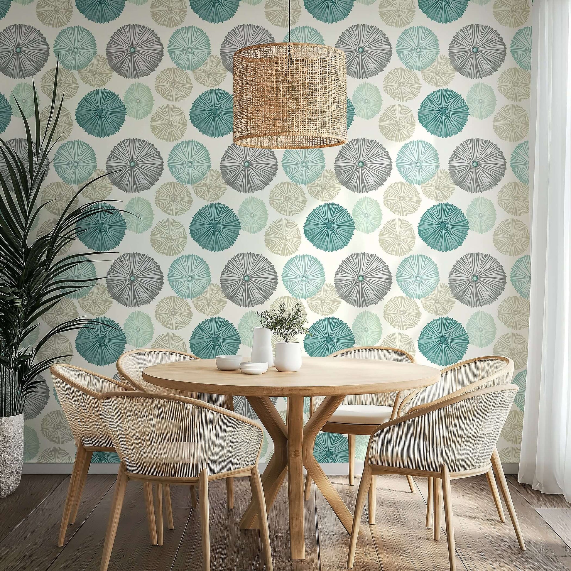 Coastal wallpaper with modern sea urchins in teal, sage, and gray, enhancing a beach-inspired dining space.