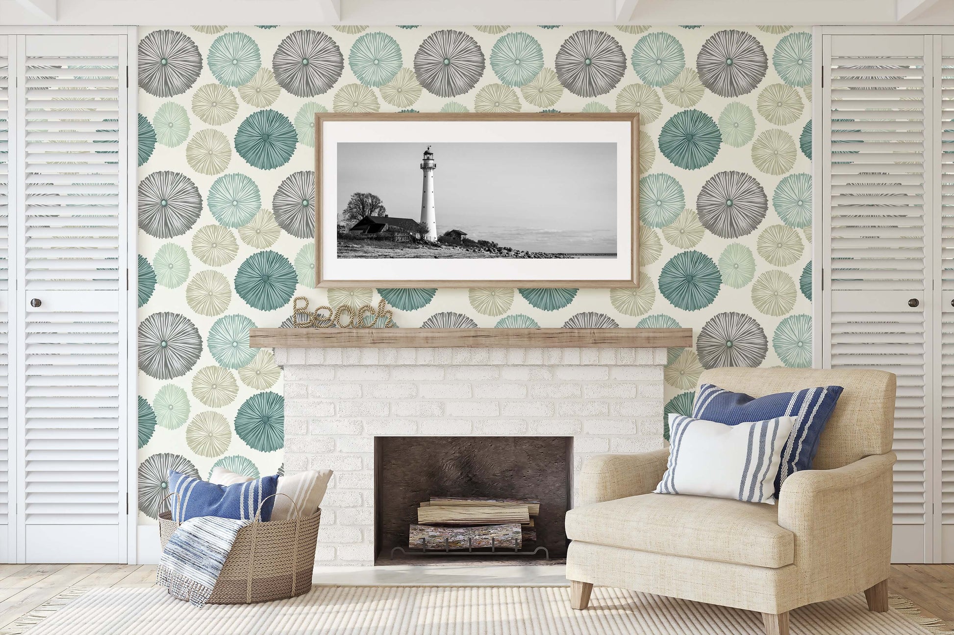 Modern sea urchins wallpaper with teal, sage, and gray tones in a beach-themed living room, featuring coastal and modern design elements.