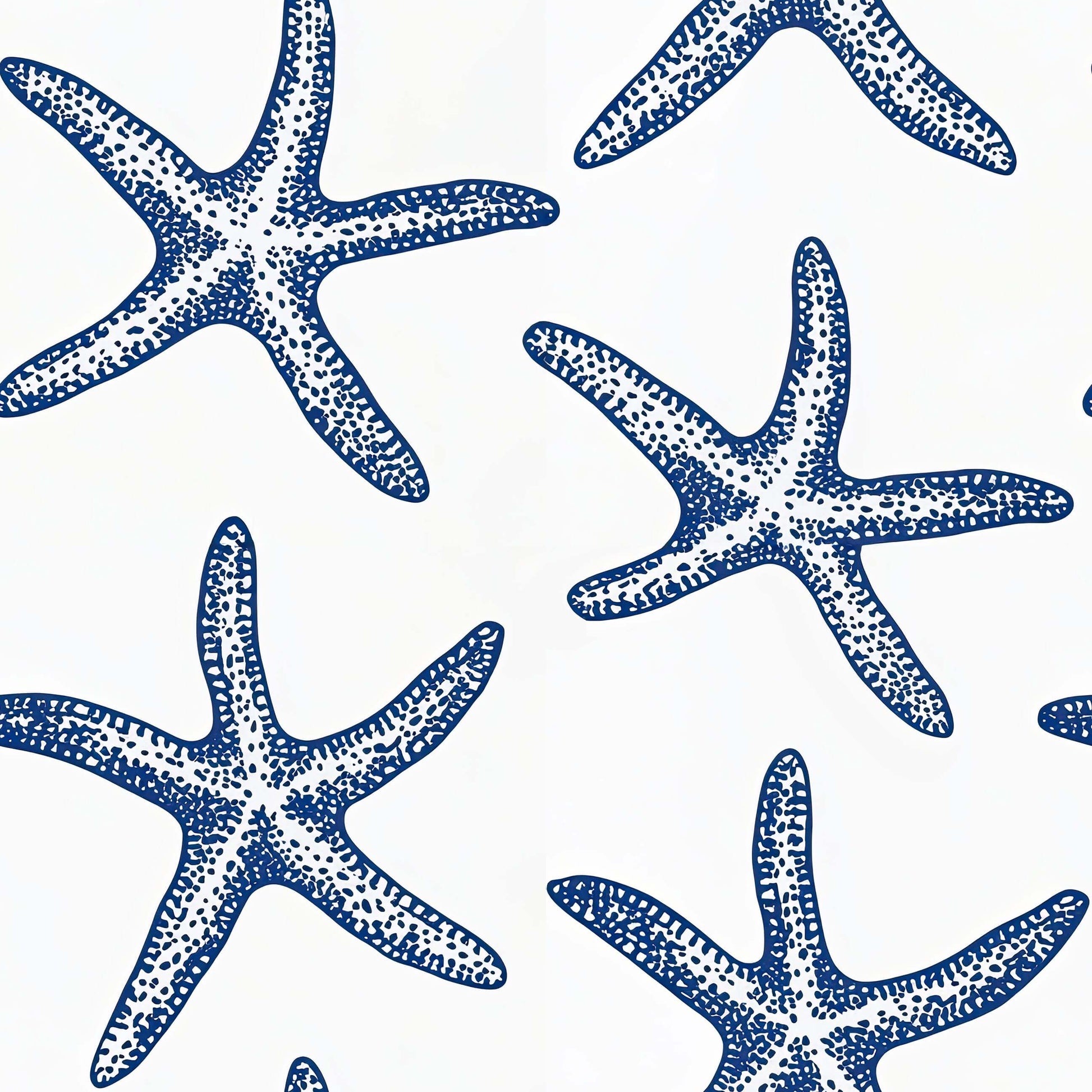 Blue starfish on white background, coastal wallpaper from the Seaside Stars collection by Wall Artifacts, modern beach design.