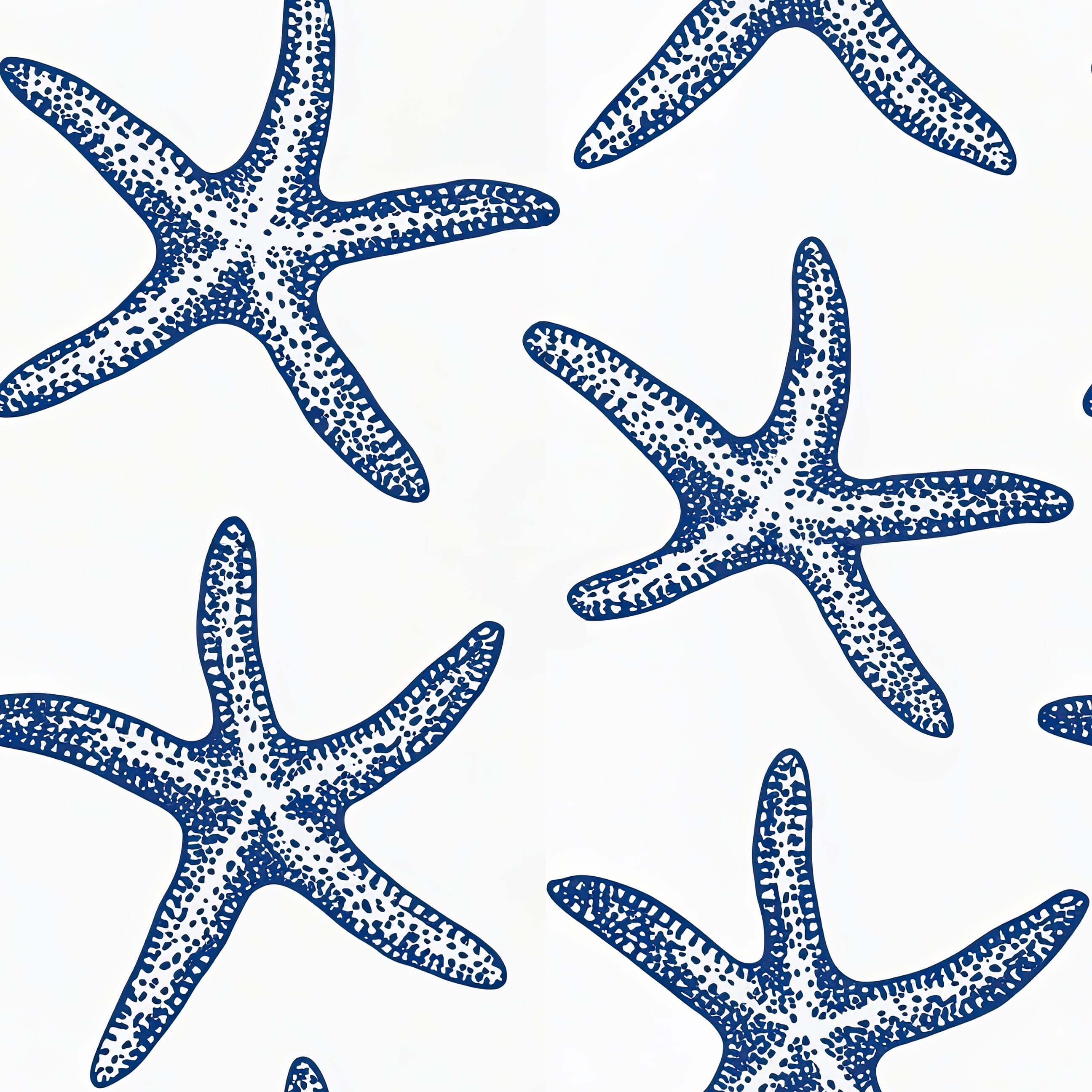 Blue starfish on white background, coastal wallpaper from the Seaside Stars collection by Wall Artifacts, modern beach design.