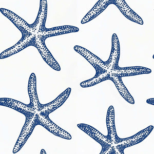 Blue starfish on white background, coastal wallpaper from the Seaside Stars collection by Wall Artifacts, modern beach design.