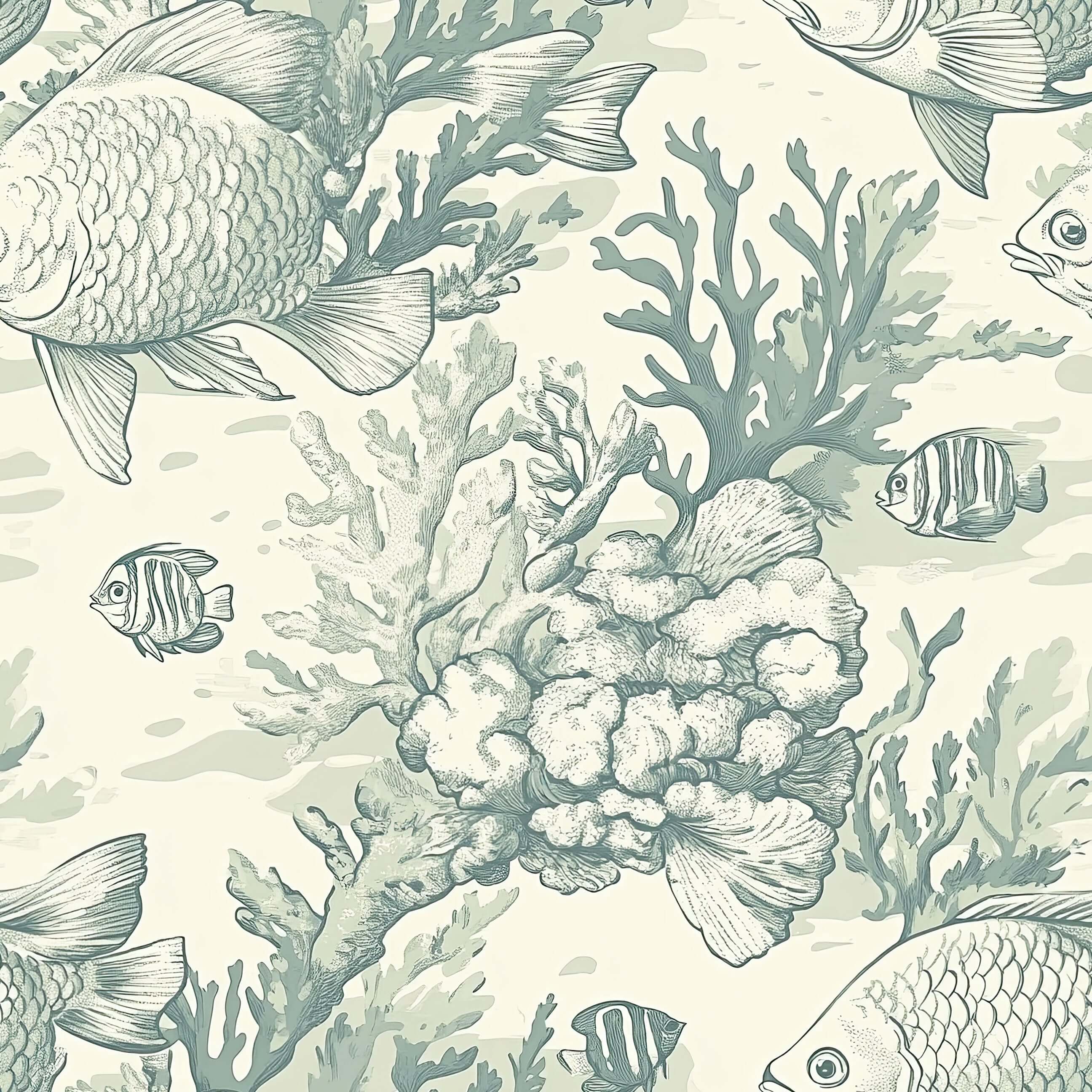 Vintage coastal wallpaper with hand-drawn fish and corals in seafoam hues, ideal for marine-themed interiors and oceanic decor.