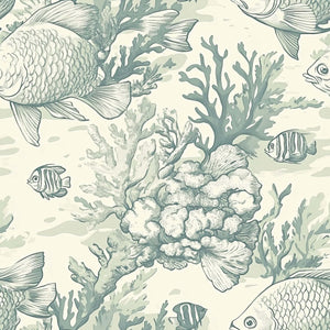 Vintage coastal wallpaper with hand-drawn fish and corals in seafoam hues, ideal for marine-themed interiors and oceanic decor.
