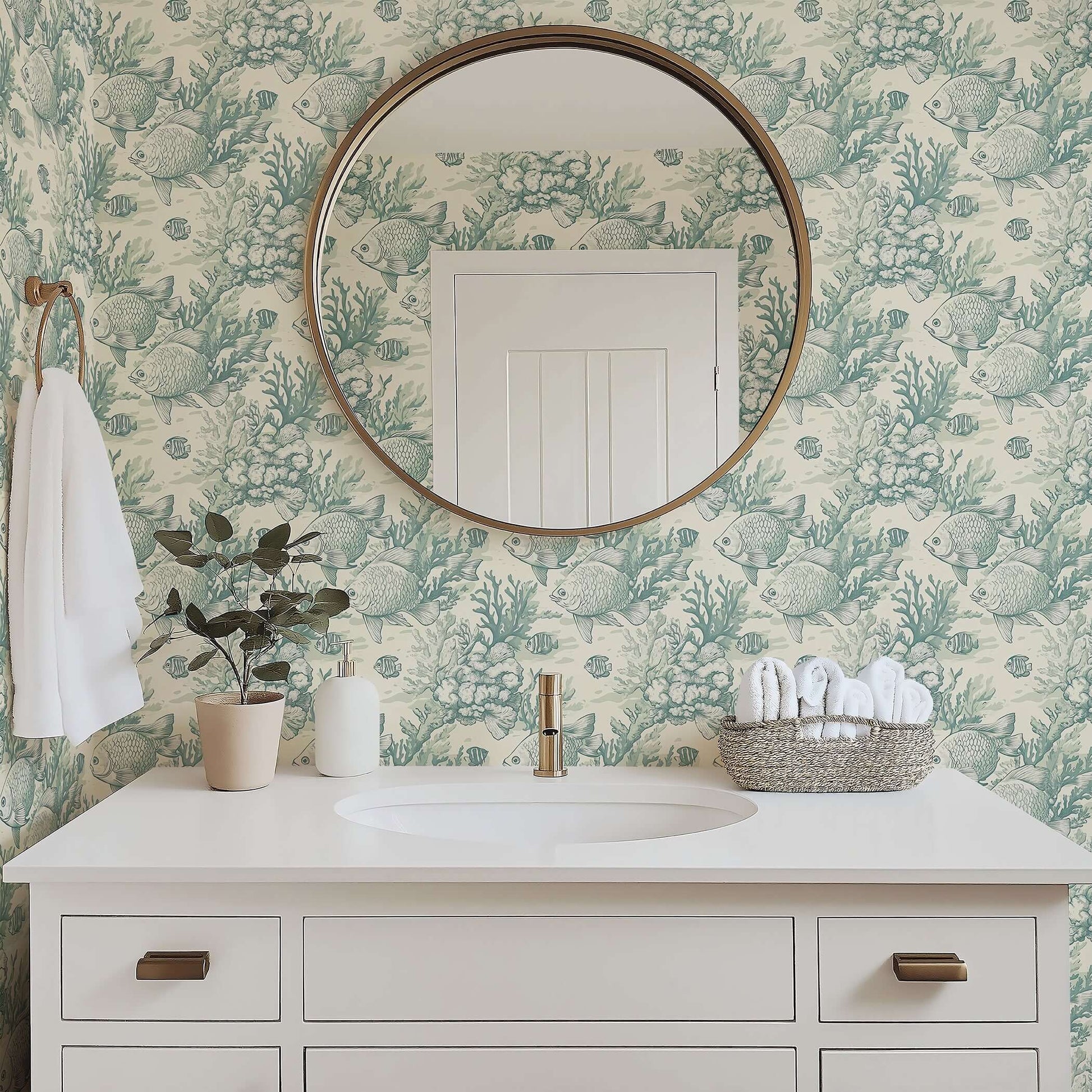 Bathroom with "Tidal Timepiece" coastal wallpaper featuring hand-drawn fish and coral in vintage marine design, enhancing oceanic serenity.