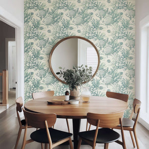 Coastal wallpaper featuring vintage fish and coral design in a dining room setting, enhancing oceanic and marine aesthetics.