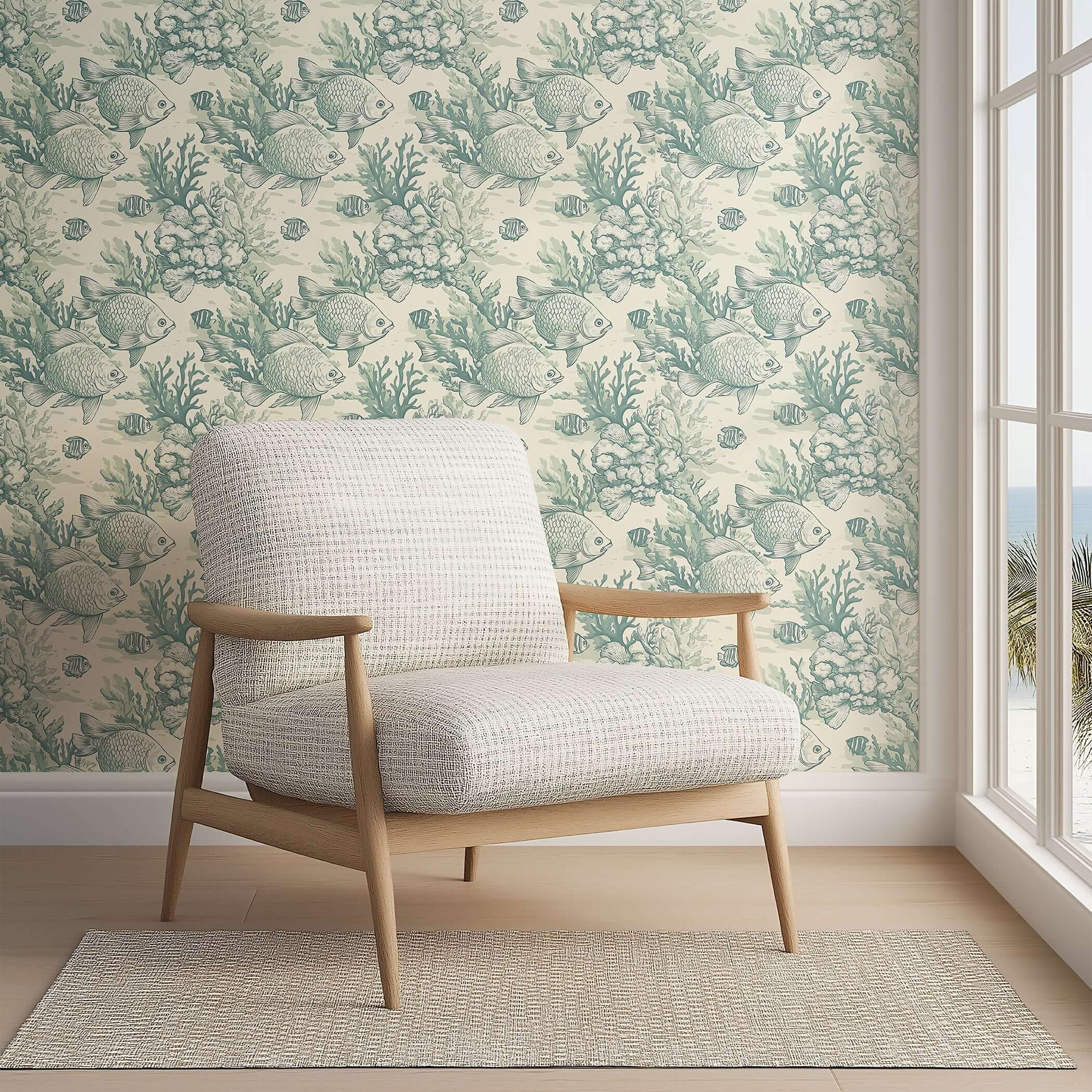 Coastal wallpaper featuring vintage design with tropical fish and coral, perfect for ocean-themed interiors.