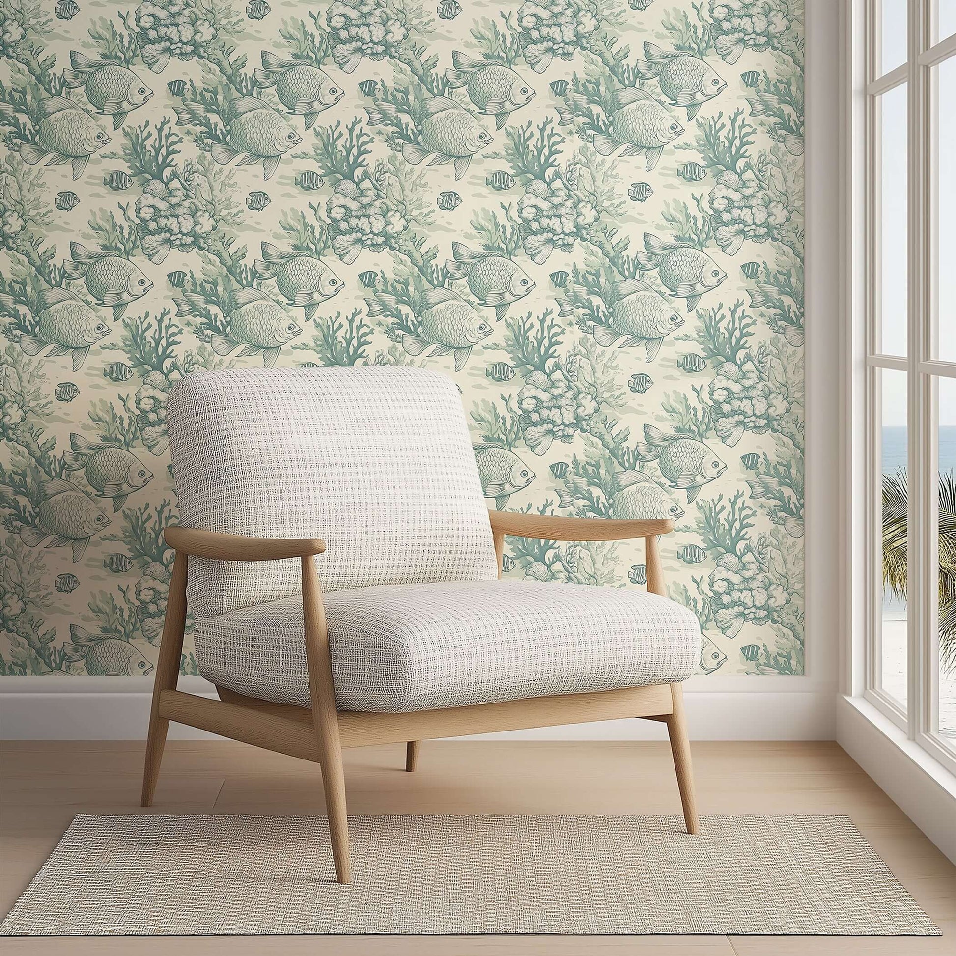Coastal wallpaper featuring vintage design with tropical fish and coral, perfect for ocean-themed interiors.