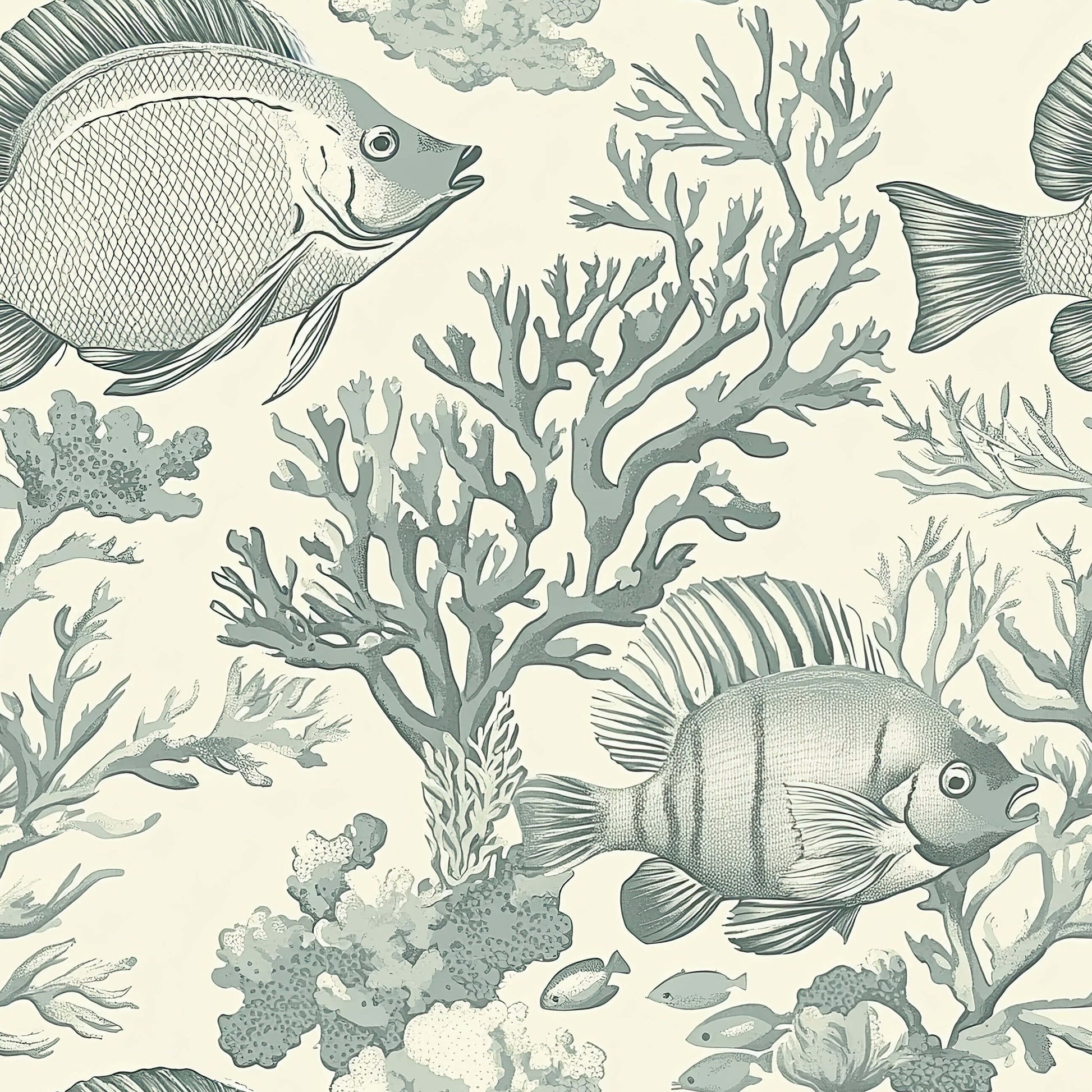Vintage ocean-themed wallpaper featuring detailed tropical fish and coral in coastal colors, ideal for marine and seaside decor.