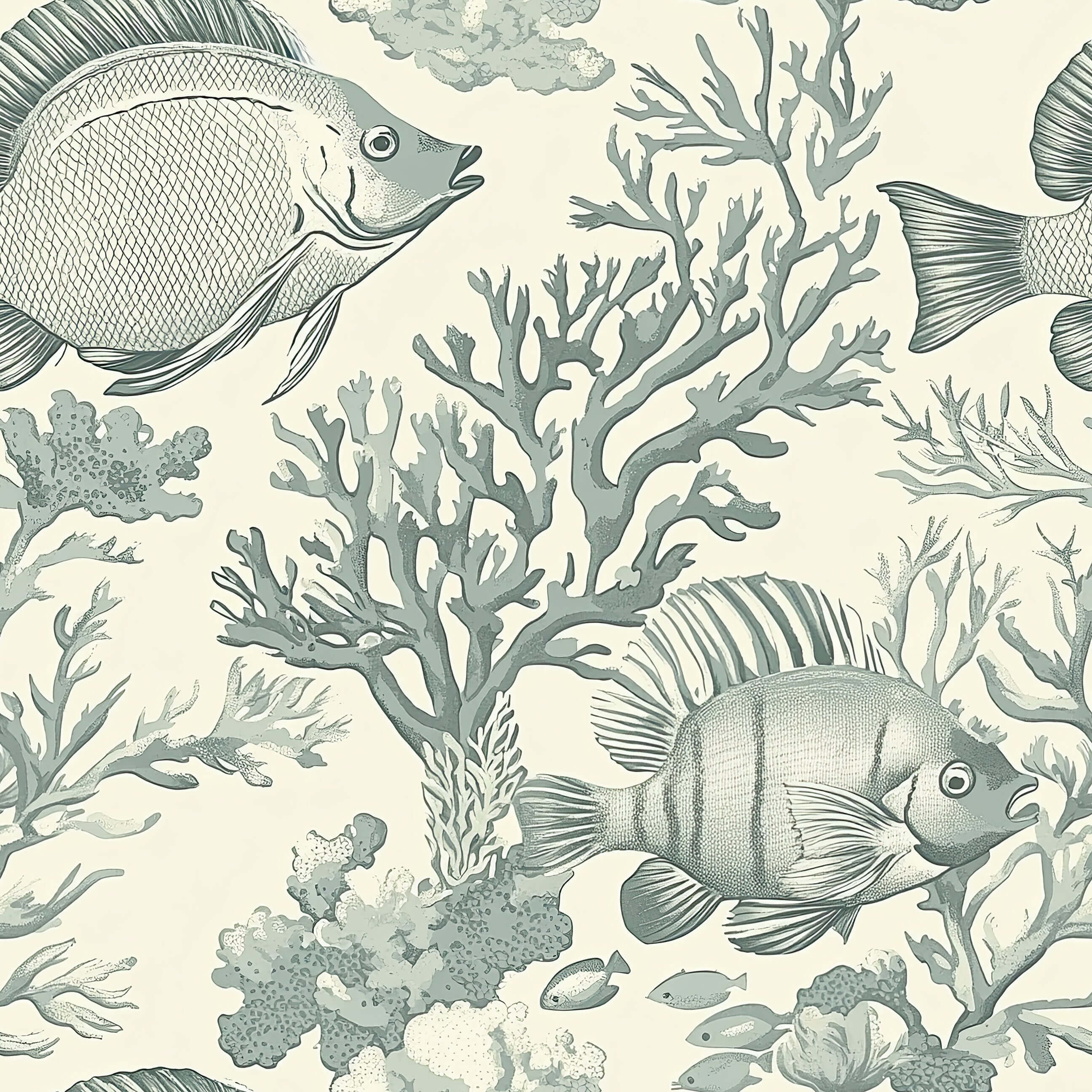 Vintage ocean-themed wallpaper featuring detailed tropical fish and coral in coastal colors, ideal for marine and seaside decor.