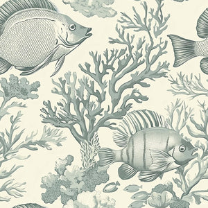 Vintage ocean-themed wallpaper featuring detailed tropical fish and coral in coastal colors, ideal for marine and seaside decor.