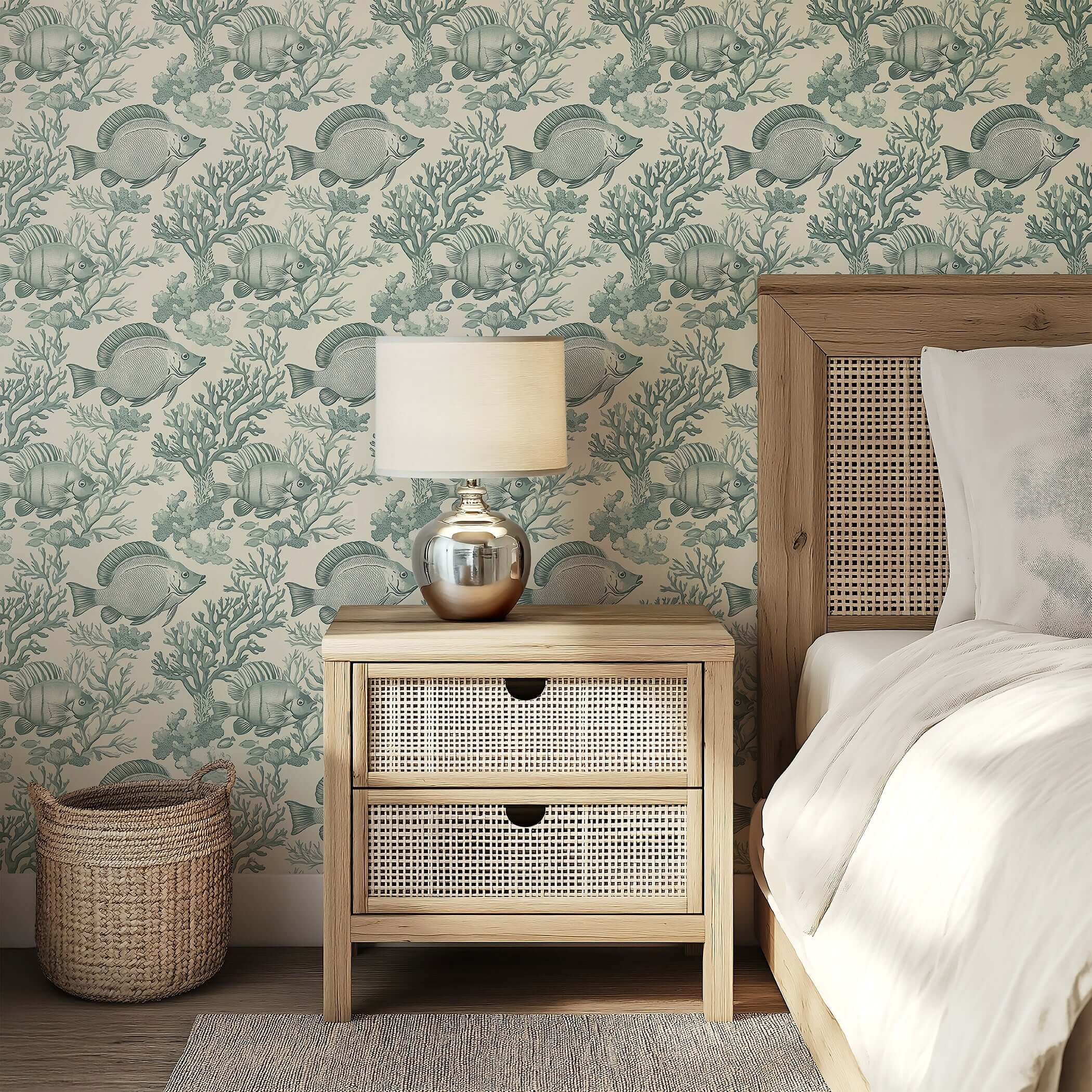 Coastal wallpaper featuring fish and coral in vintage ocean design, perfect for marine-themed decor